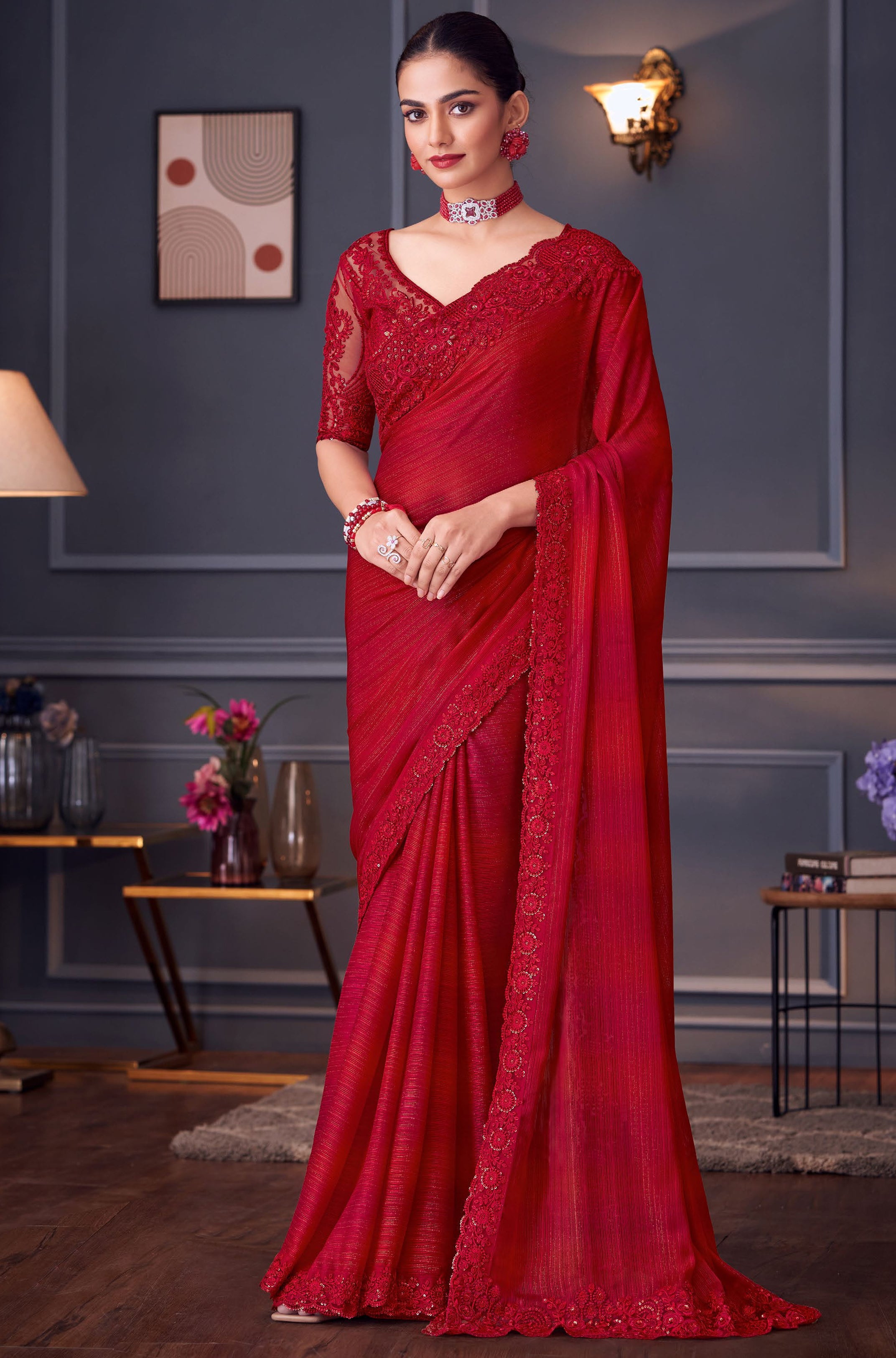 Red Saree With Heavy Thread Embroidery Sequins Work