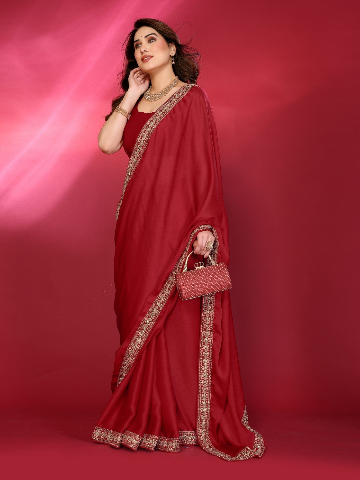 Red Satin Chiffon Saree With Plain Saree With Embroidery Work Lace