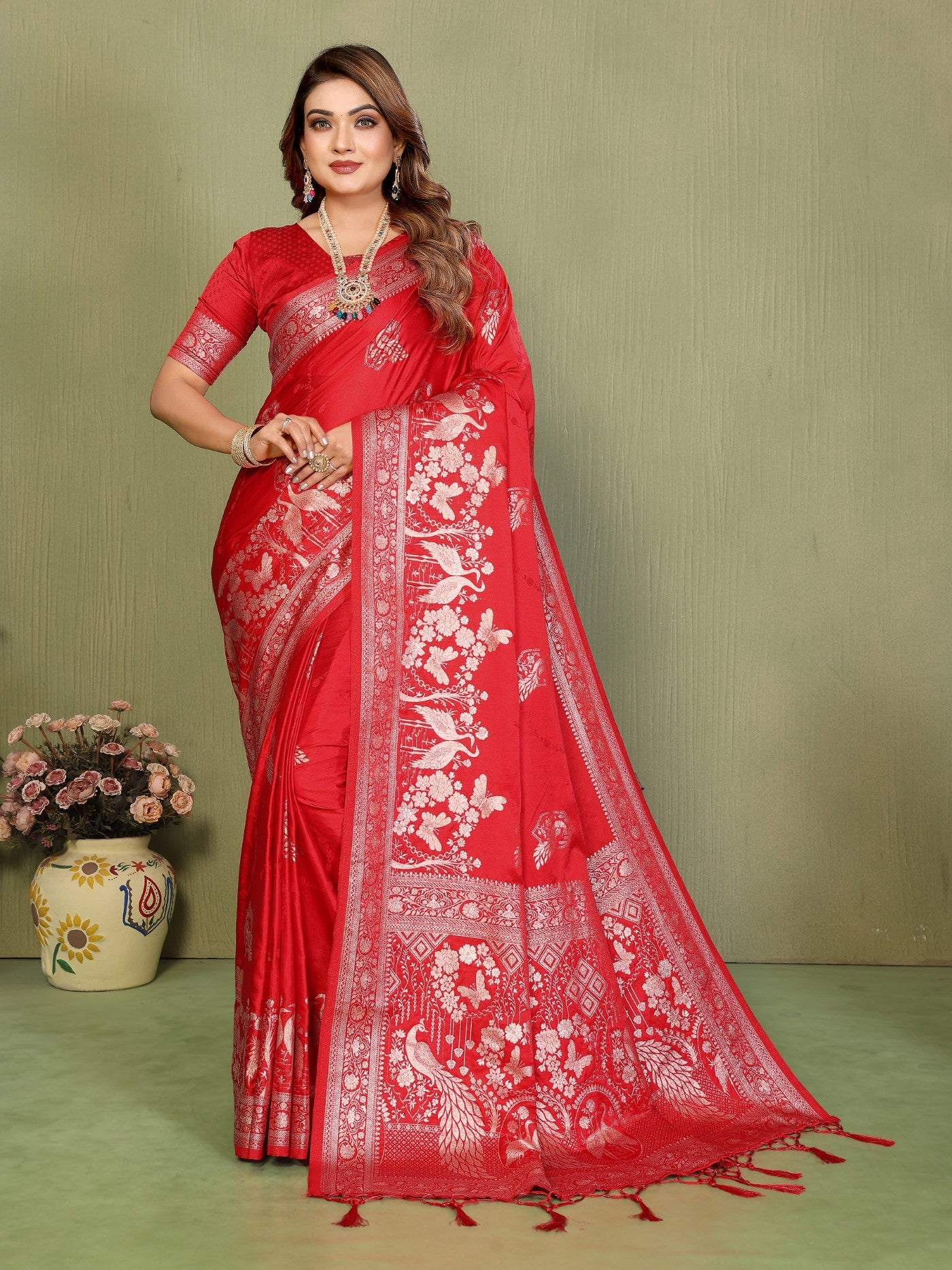 Red Satin Silk Saree With Classic Zari Weaving Butta