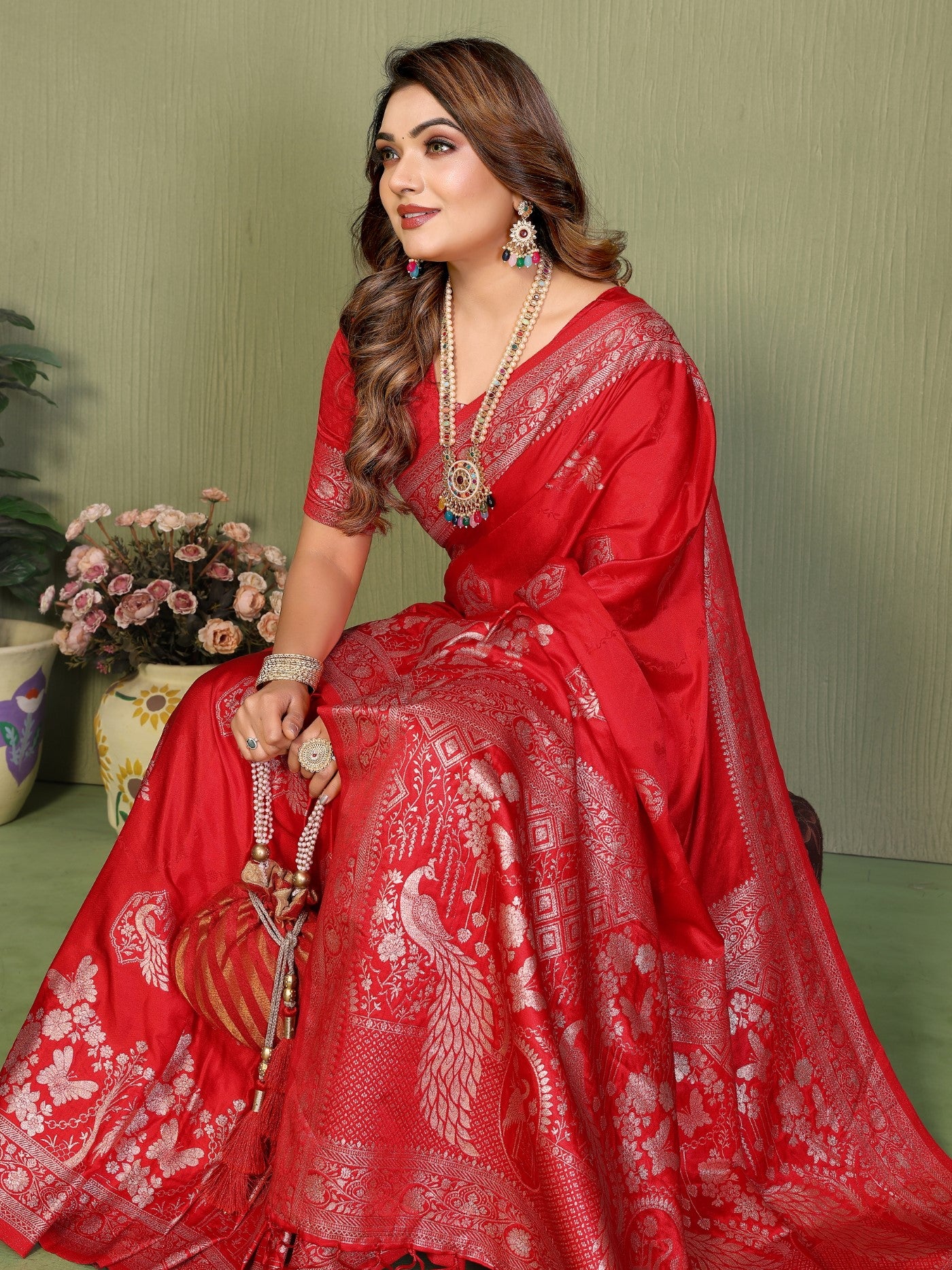 Red Satin Silk Saree With Classic Zari Weaving Butta