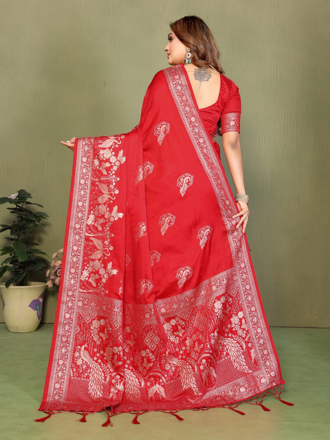Red Satin Silk Saree With Classic Zari Weaving Butta