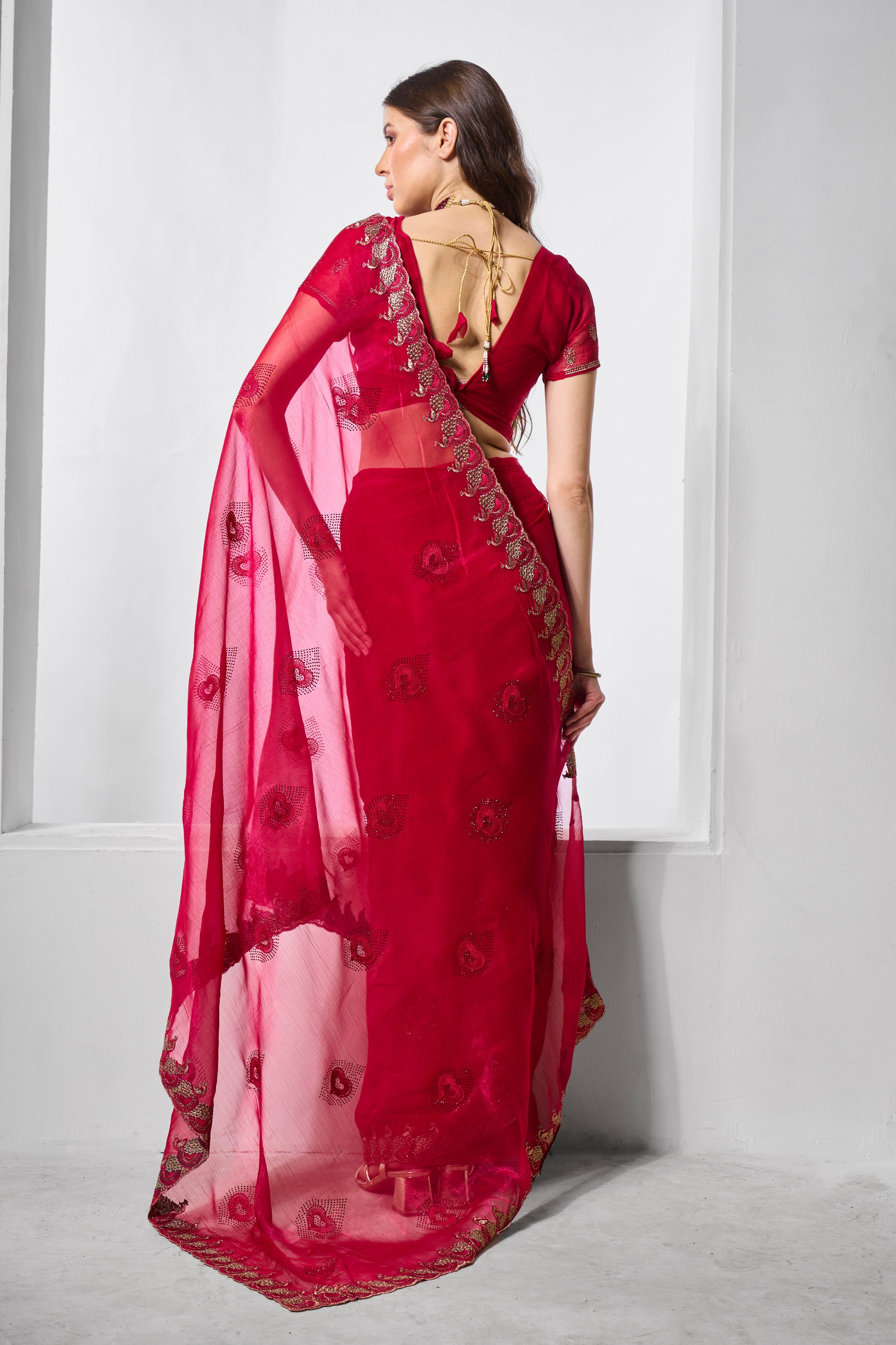 Red Shimmer Chiffon Fabric Designer Embroidery Work Ceremonial Partywear Saree