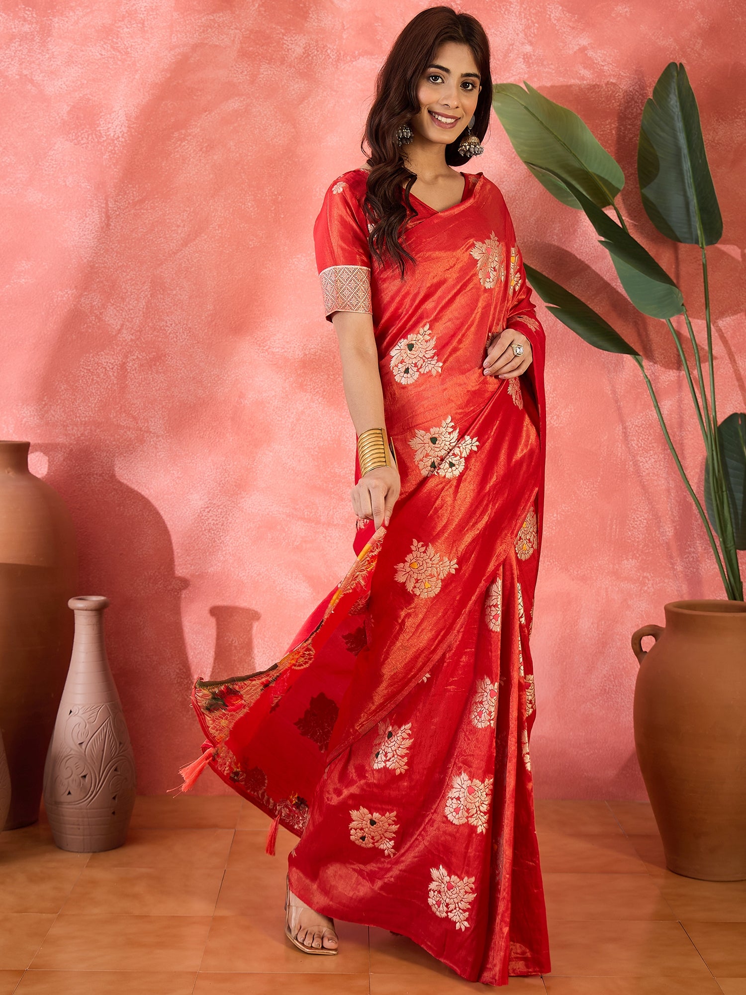 Red Shimmer Silk Woven Jacquard Designer Traditional Partywear Saree
