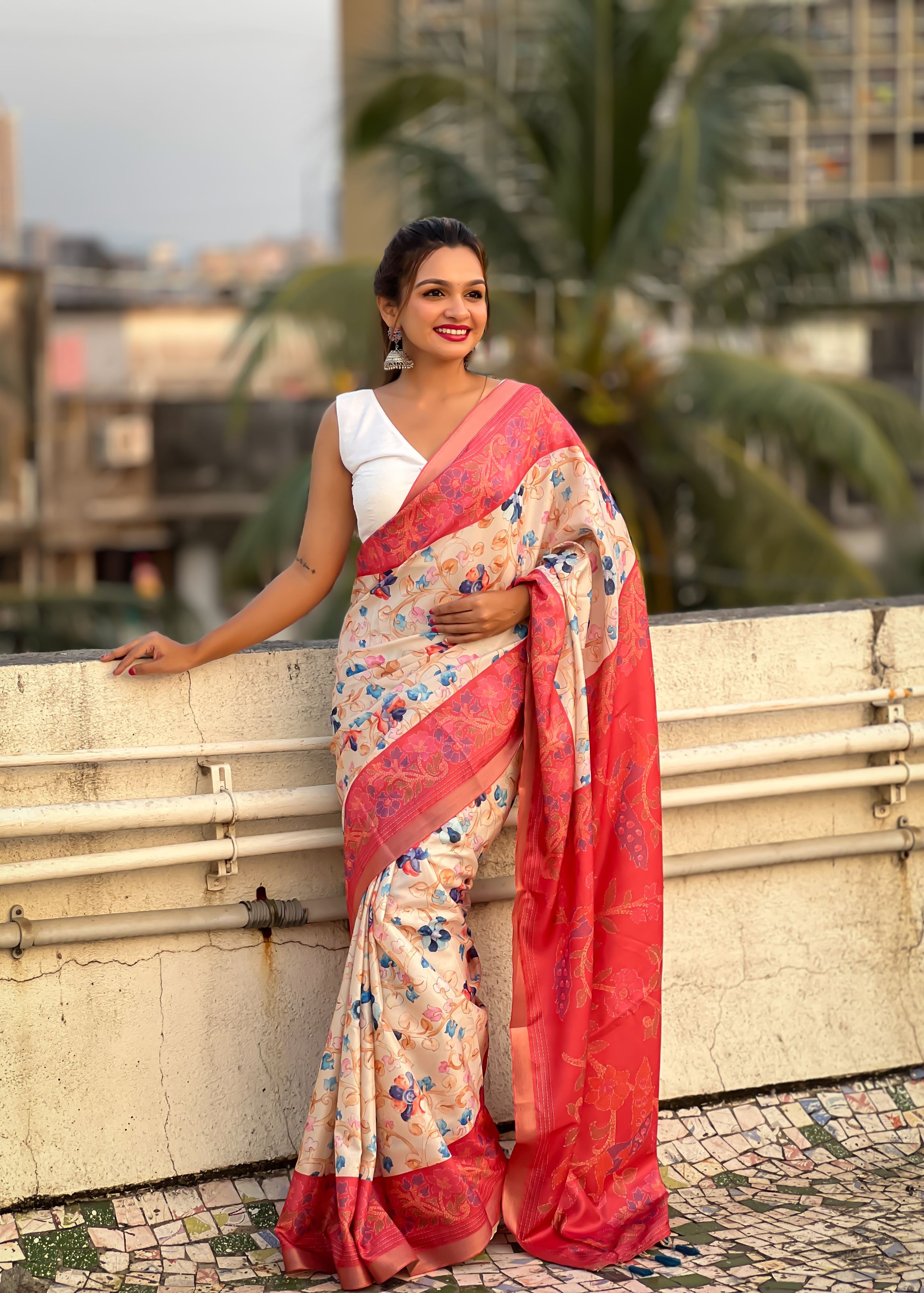 Red Silk Blend Kalamkari Printed Saree