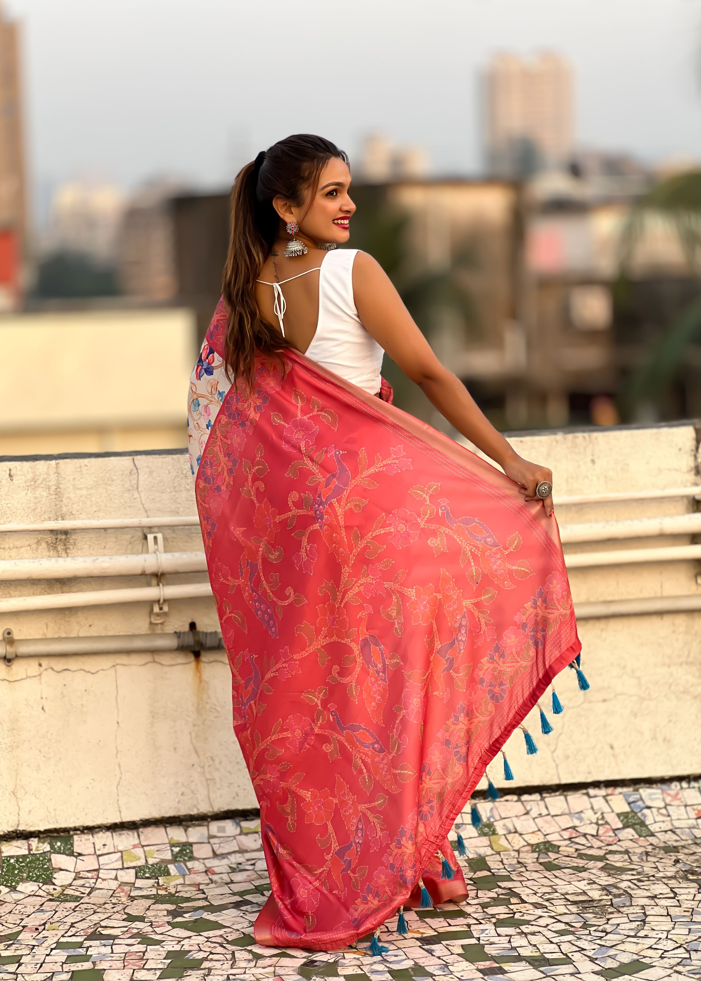 Red Silk Blend Kalamkari Printed Saree