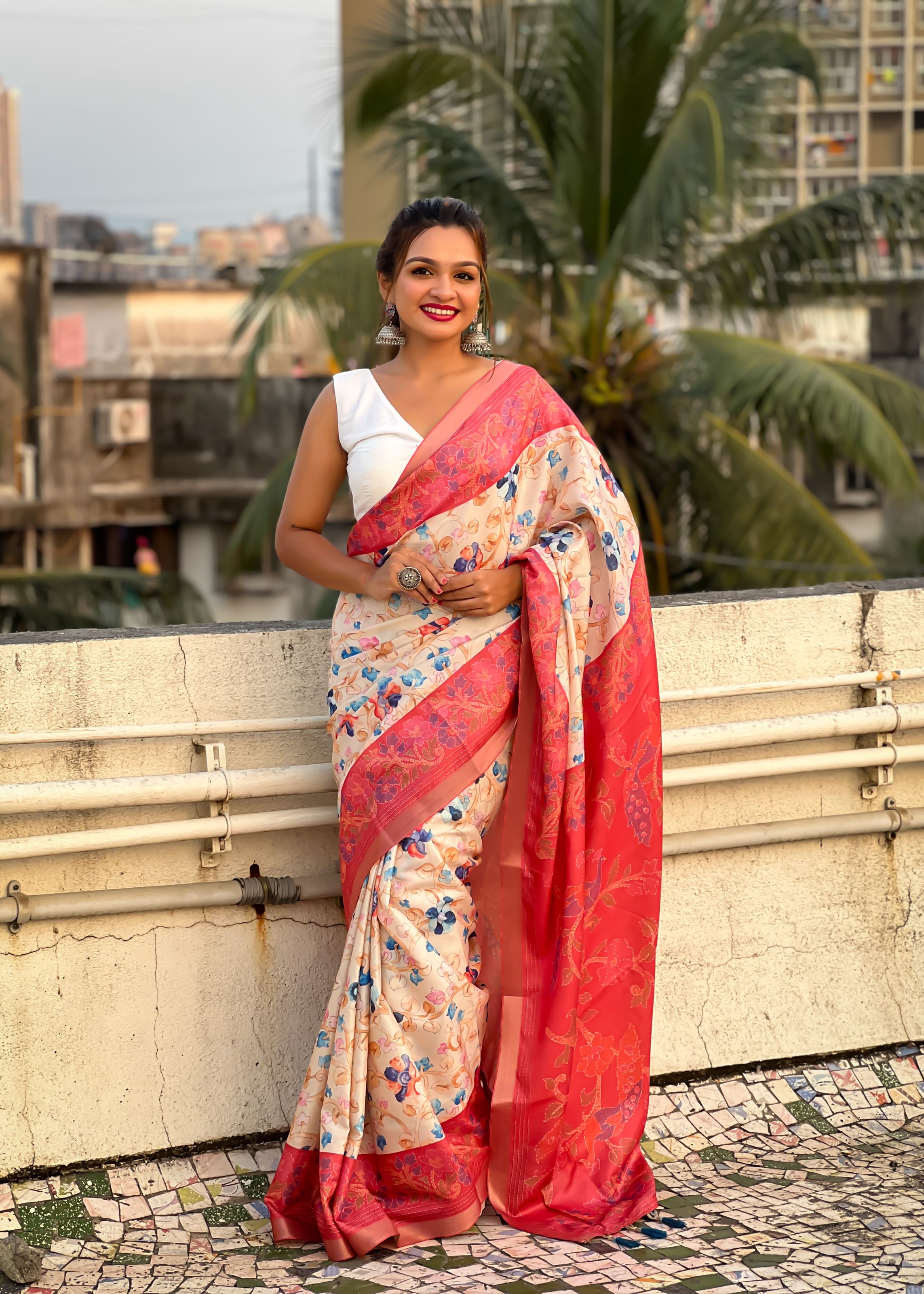Red Silk Blend Kalamkari Printed Saree