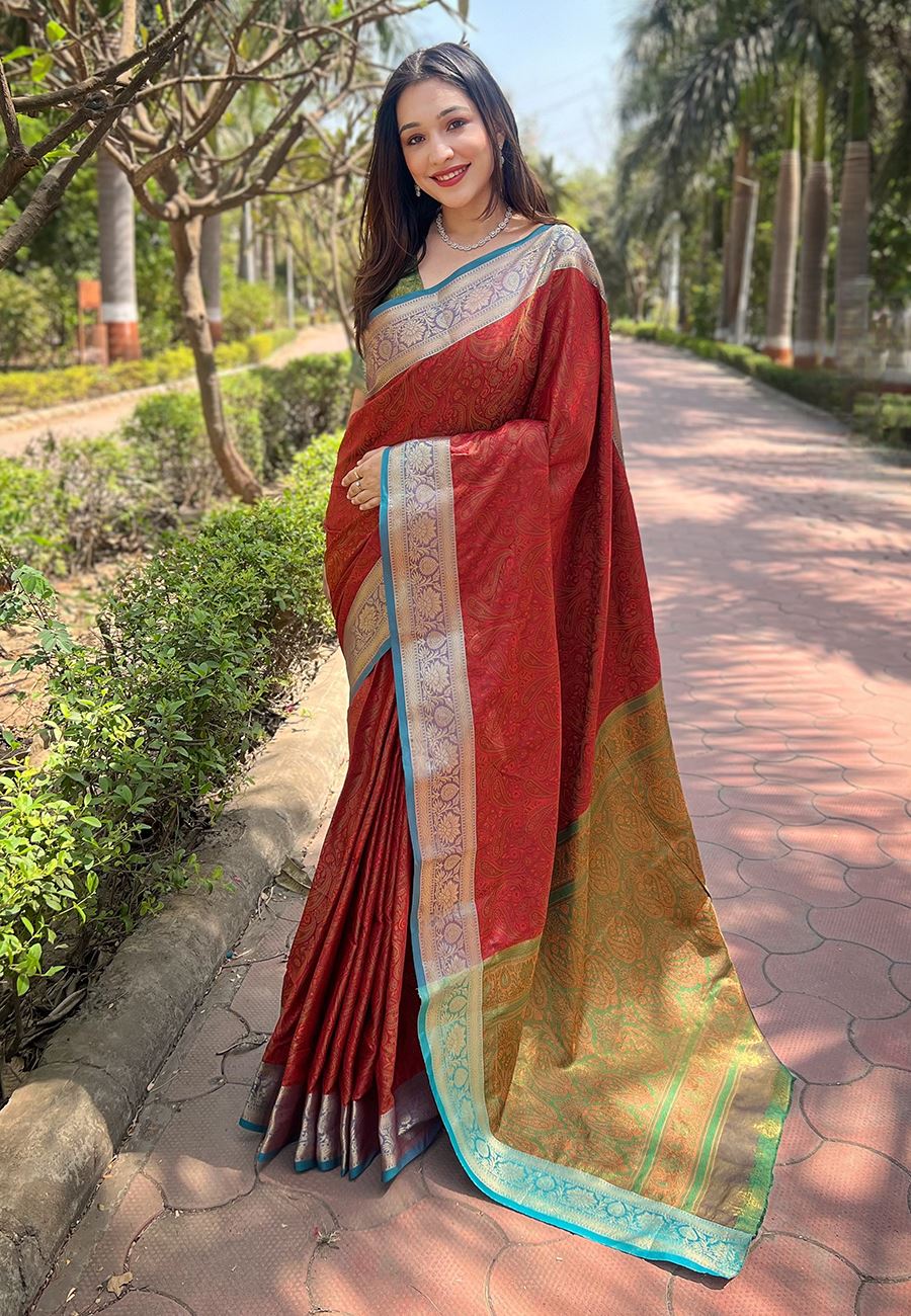 Red Silk Blend Saree With Zari and Woven Work