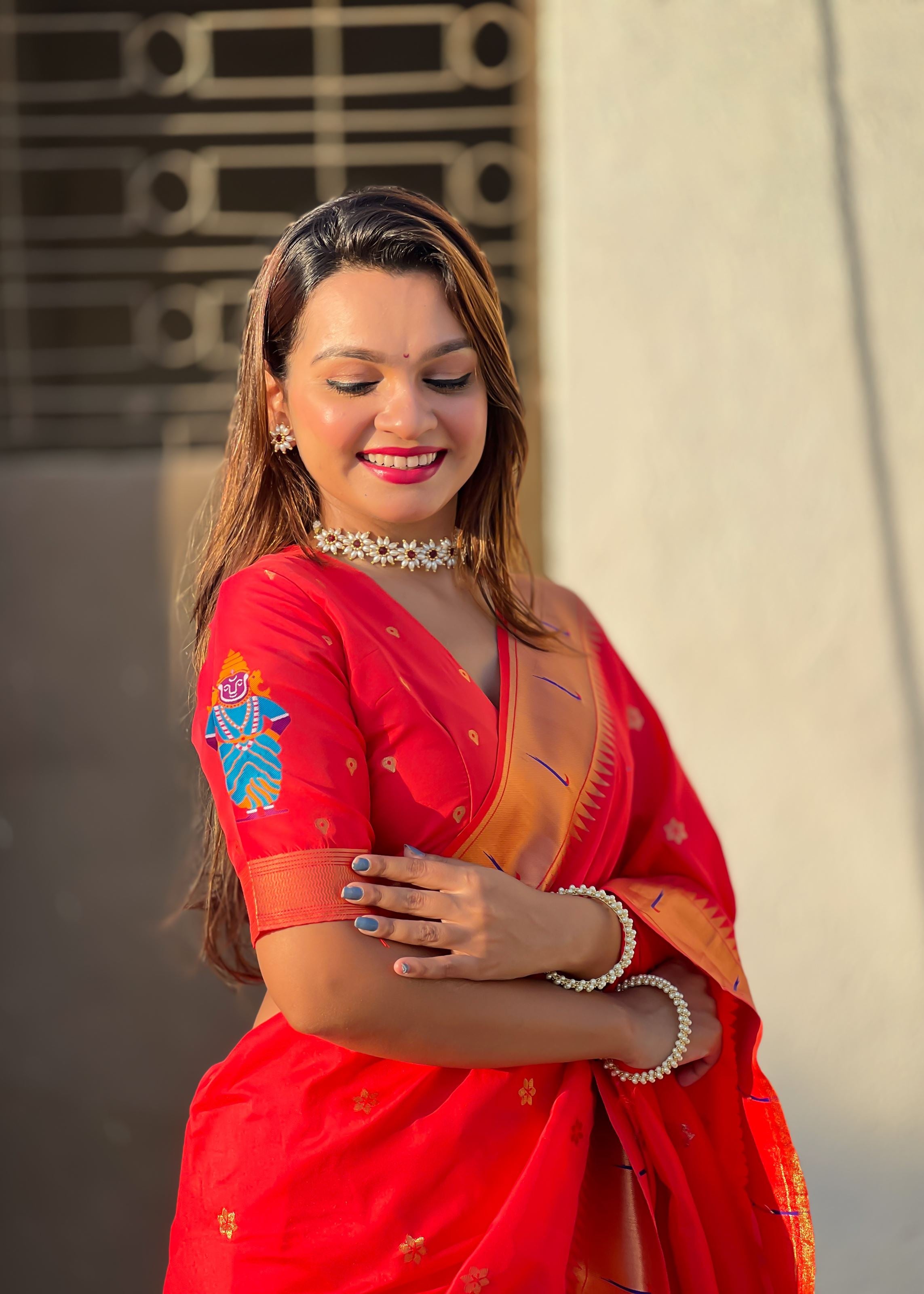 Red Silk Blend Vitthala God Paithani Silk Saree