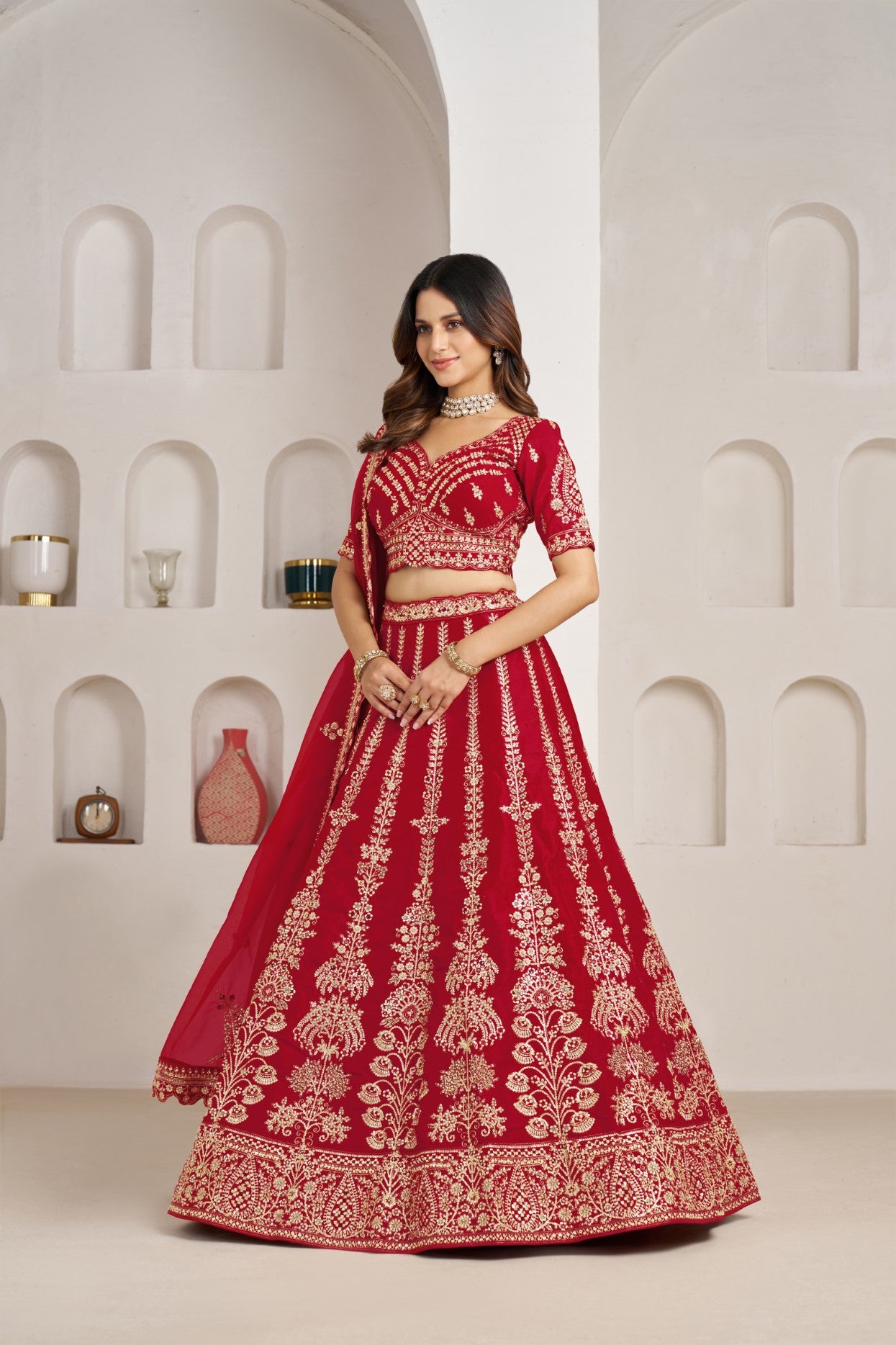 Red Silk Floral Zari Embroidered Wedding Lehenga Choli