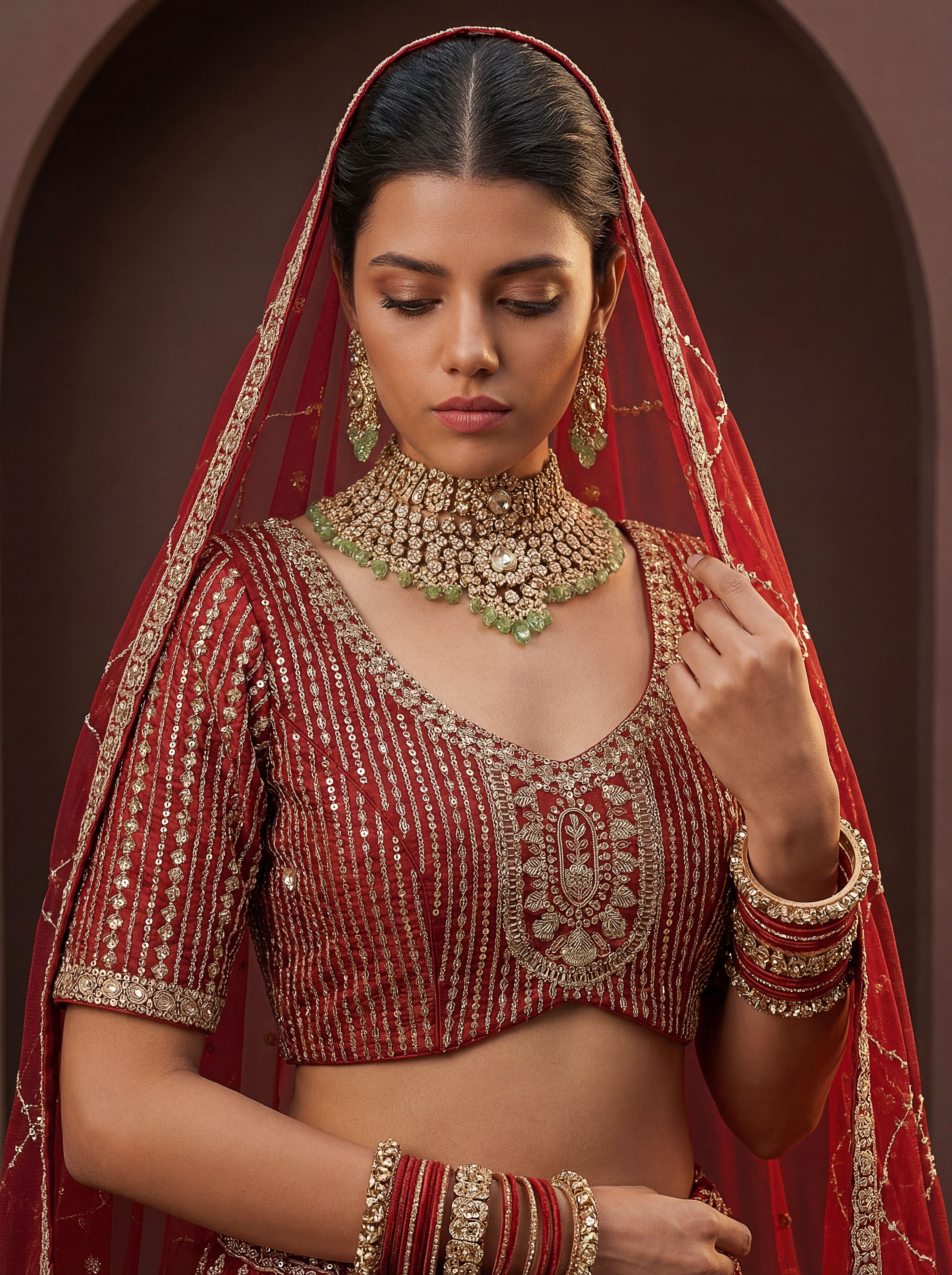 Red Silk Lehenga Choli With Hand Work With Jari Embroidery And Pipe Work