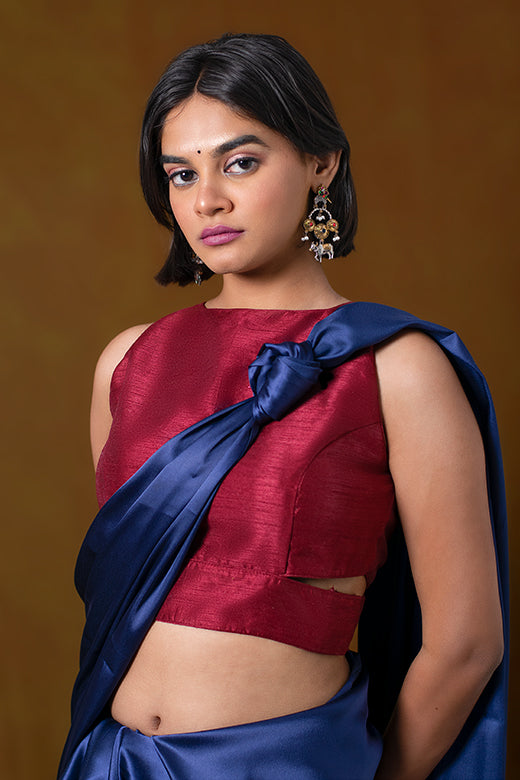 Red Sleeveless Blouse in Art Silk with Cut Out Back