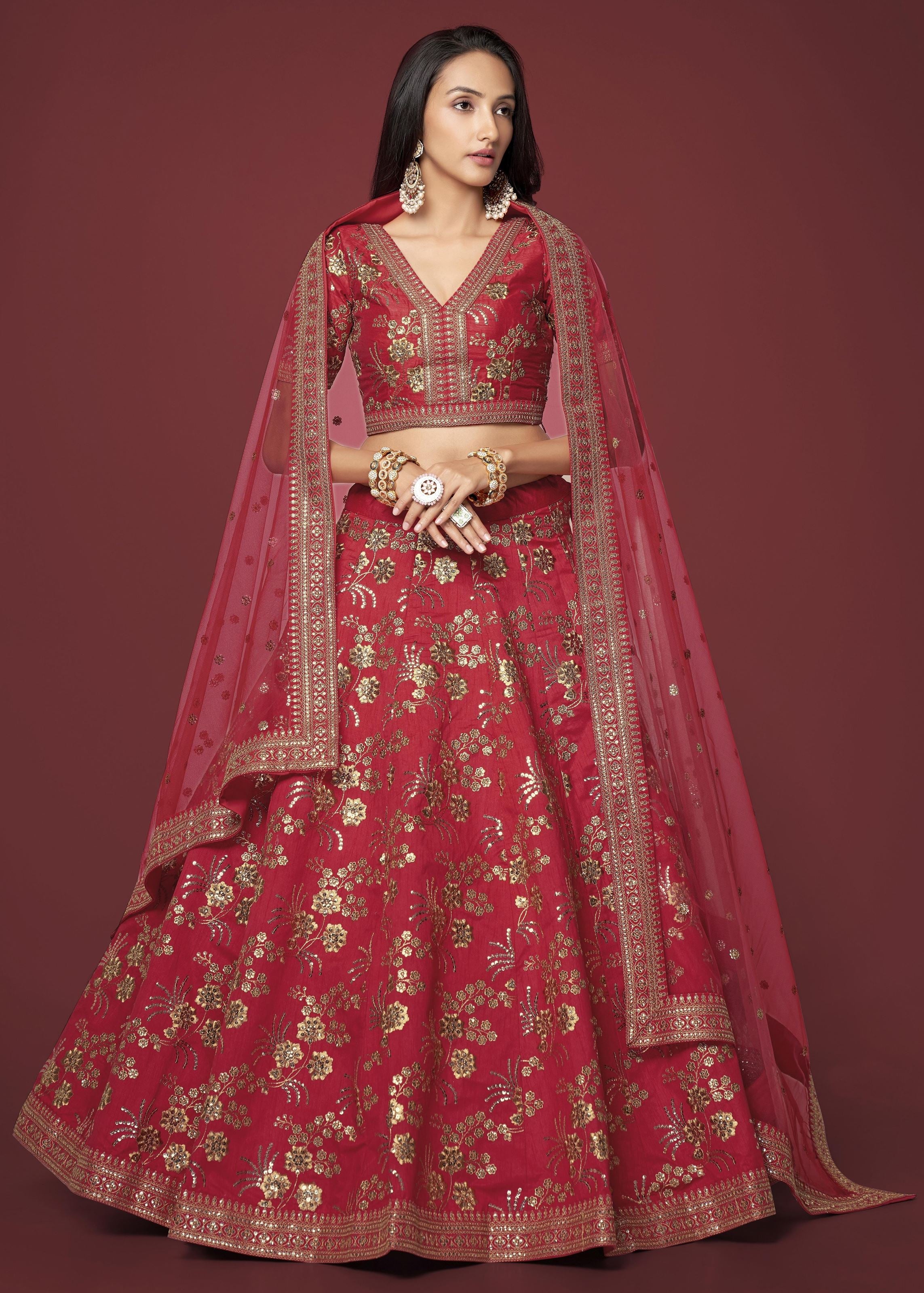 Red Slub Silk Lehenga Choli With Zari Sequins and Dori Embroidery Work