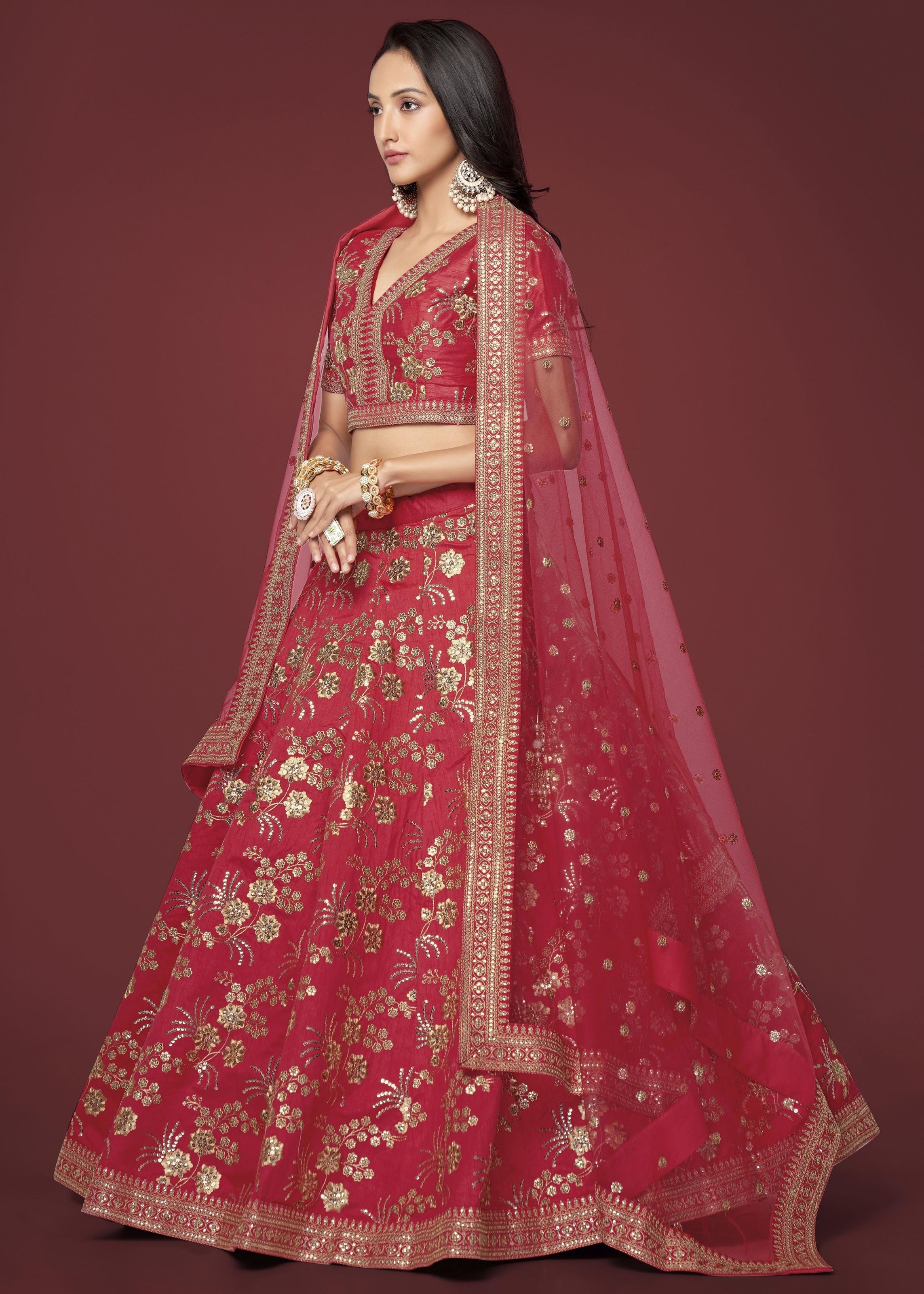 Red Slub Silk Lehenga Choli With Zari Sequins and Dori Embroidery Work