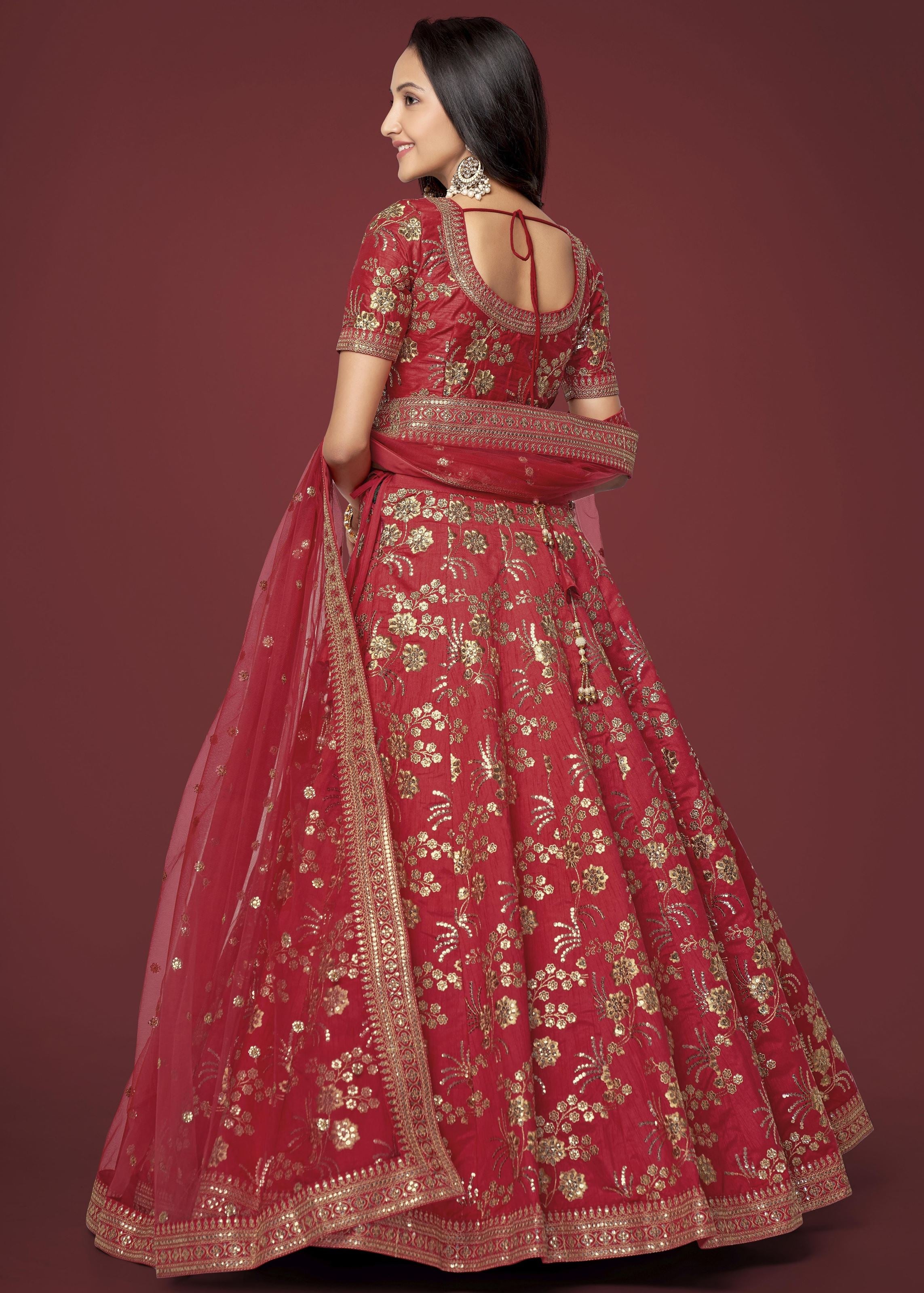 Red Slub Silk Lehenga Choli With Zari Sequins and Dori Embroidery Work