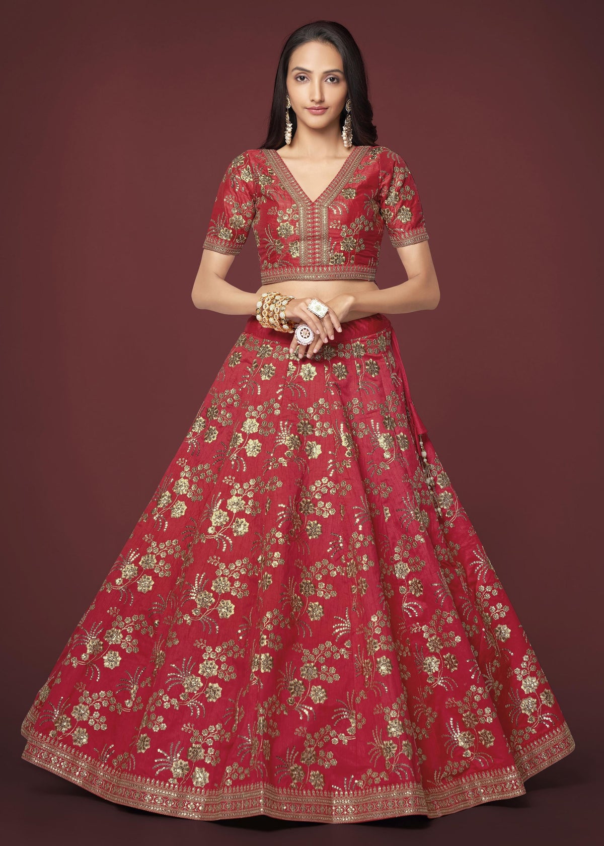 Red Slub Silk Lehenga Choli With Zari Sequins and Dori Embroidery Work