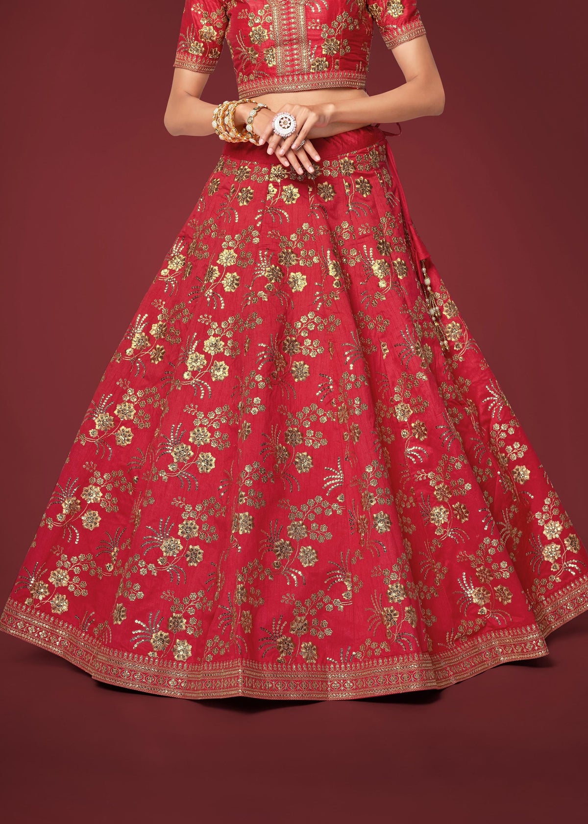 Red Slub Silk Lehenga Choli With Zari Sequins and Dori Embroidery Work