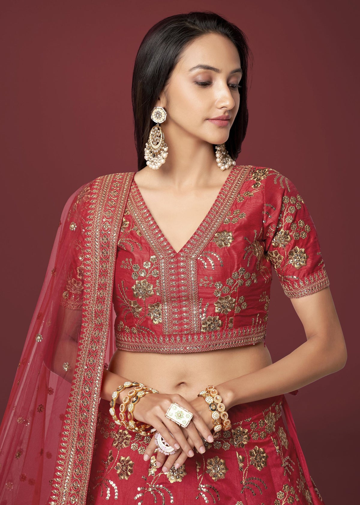 Red Slub Silk Lehenga Choli With Zari Sequins and Dori Embroidery Work