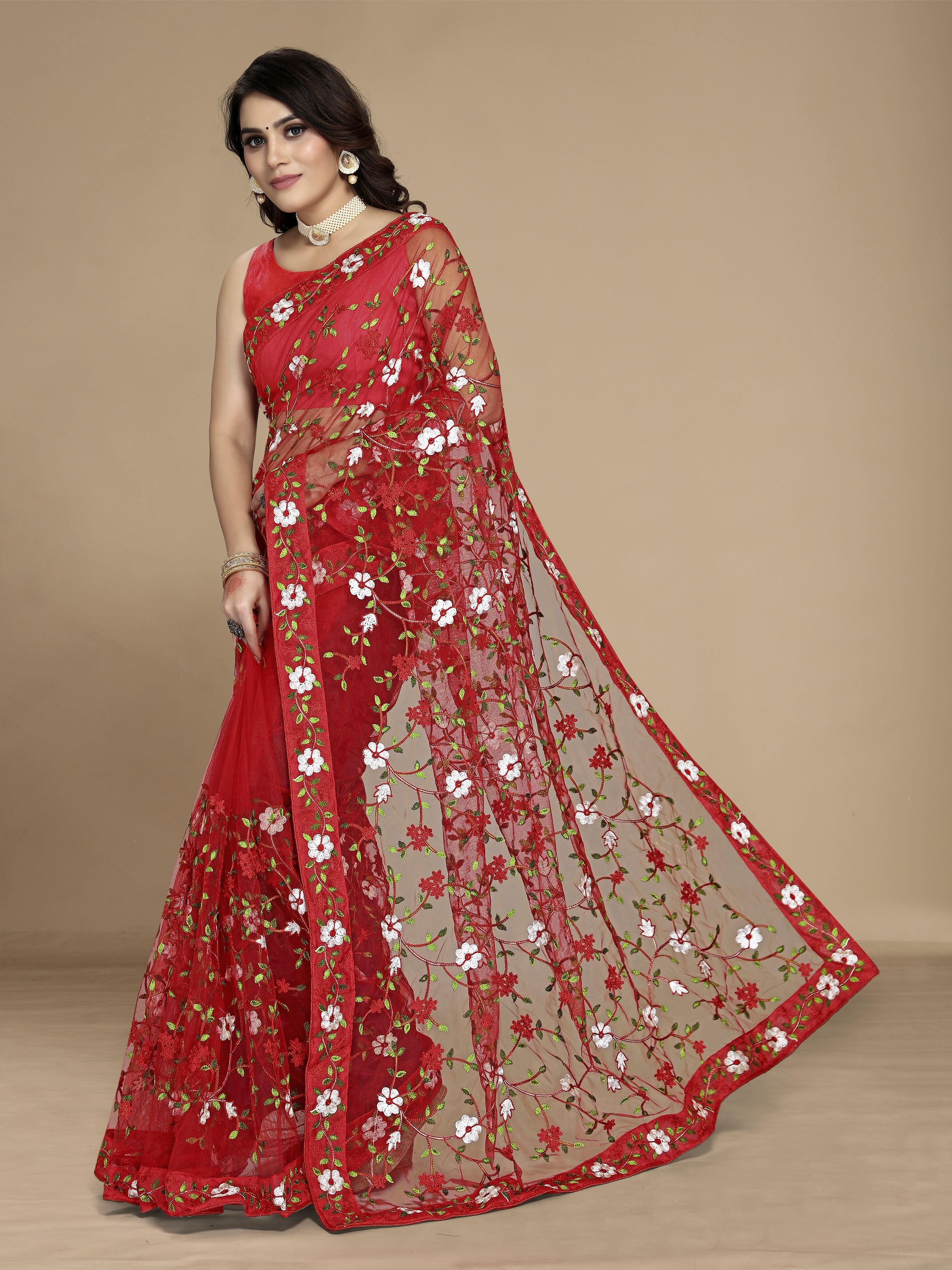 Red Soft Net Designer Multy Thread Embroidery Work Smart Partywear Saree