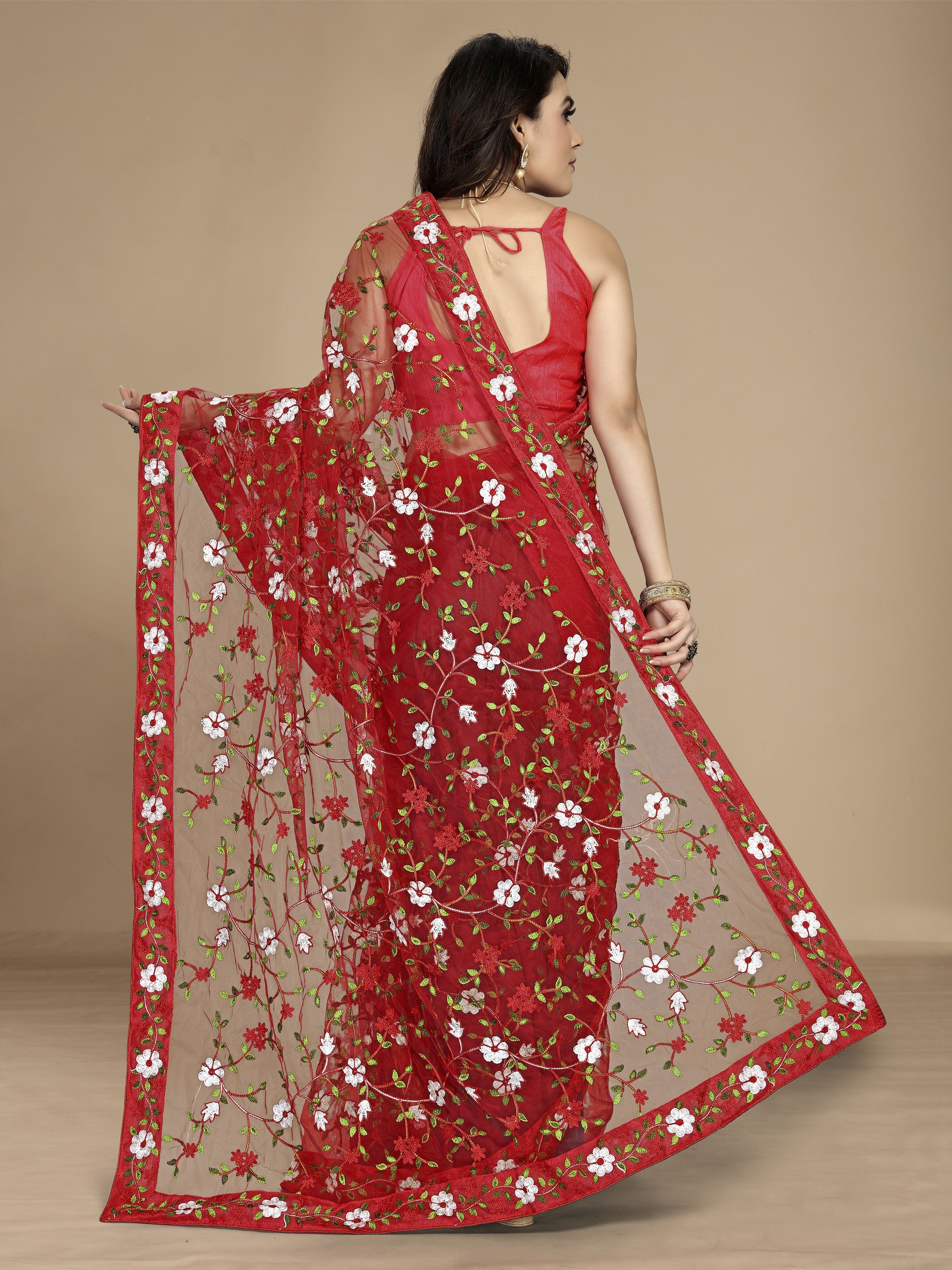Red Soft Net Designer Multy Thread Embroidery Work Smart Partywear Saree