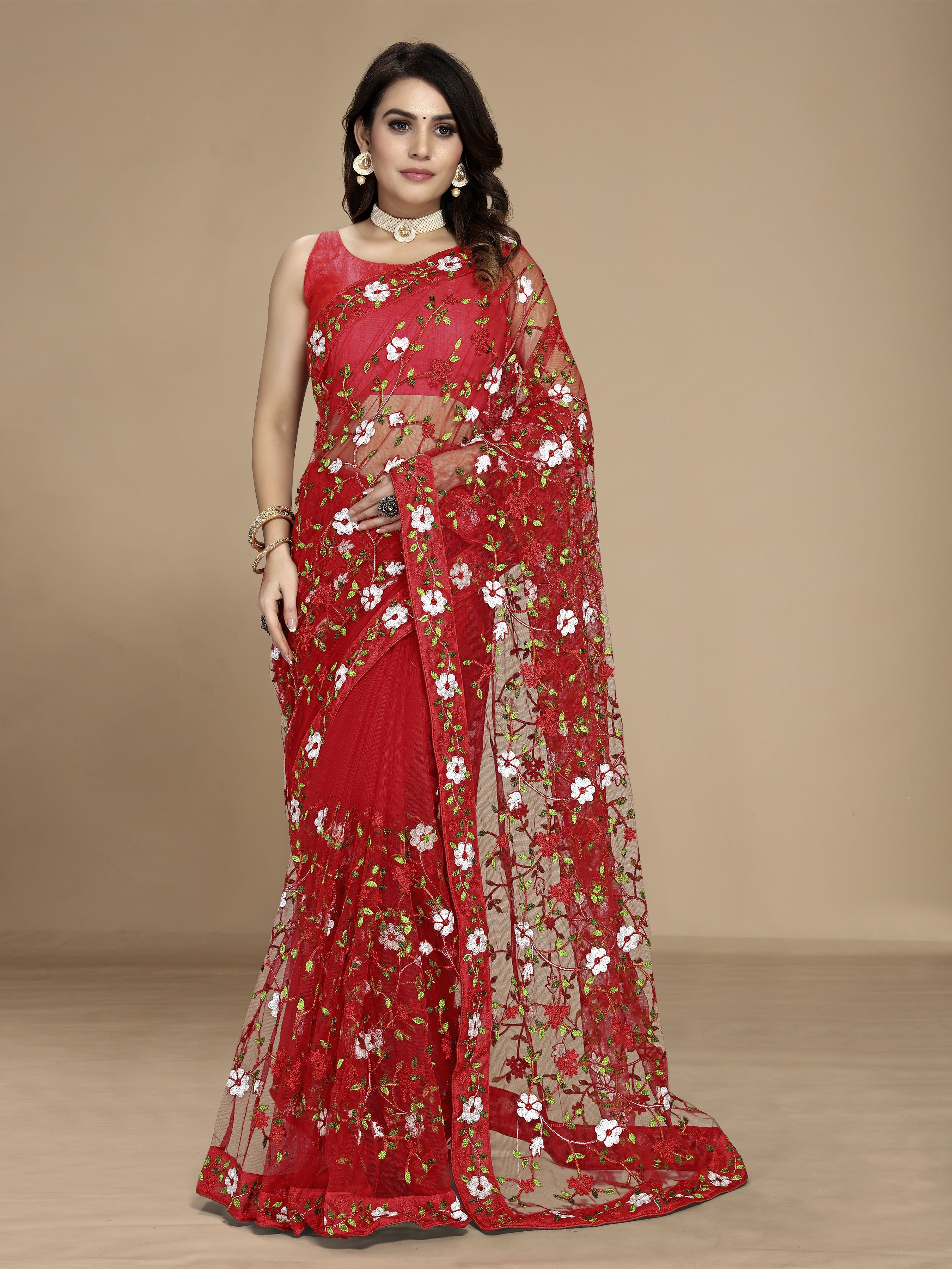 Red Soft Net Designer Multy Thread Embroidery Work Smart Partywear Saree