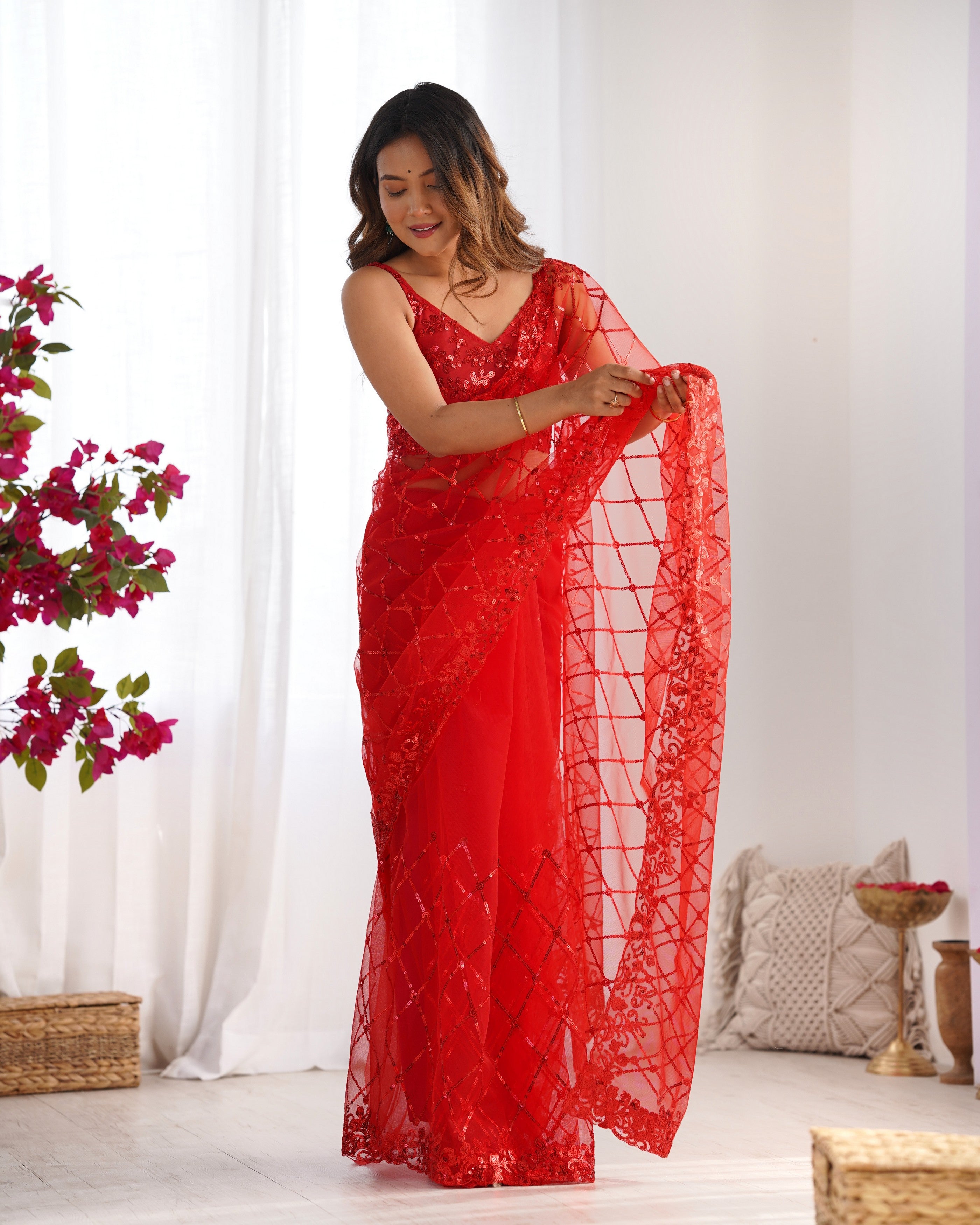 Red Soft Net Designer Sequins Embroidery Work Bollywood Style Saree