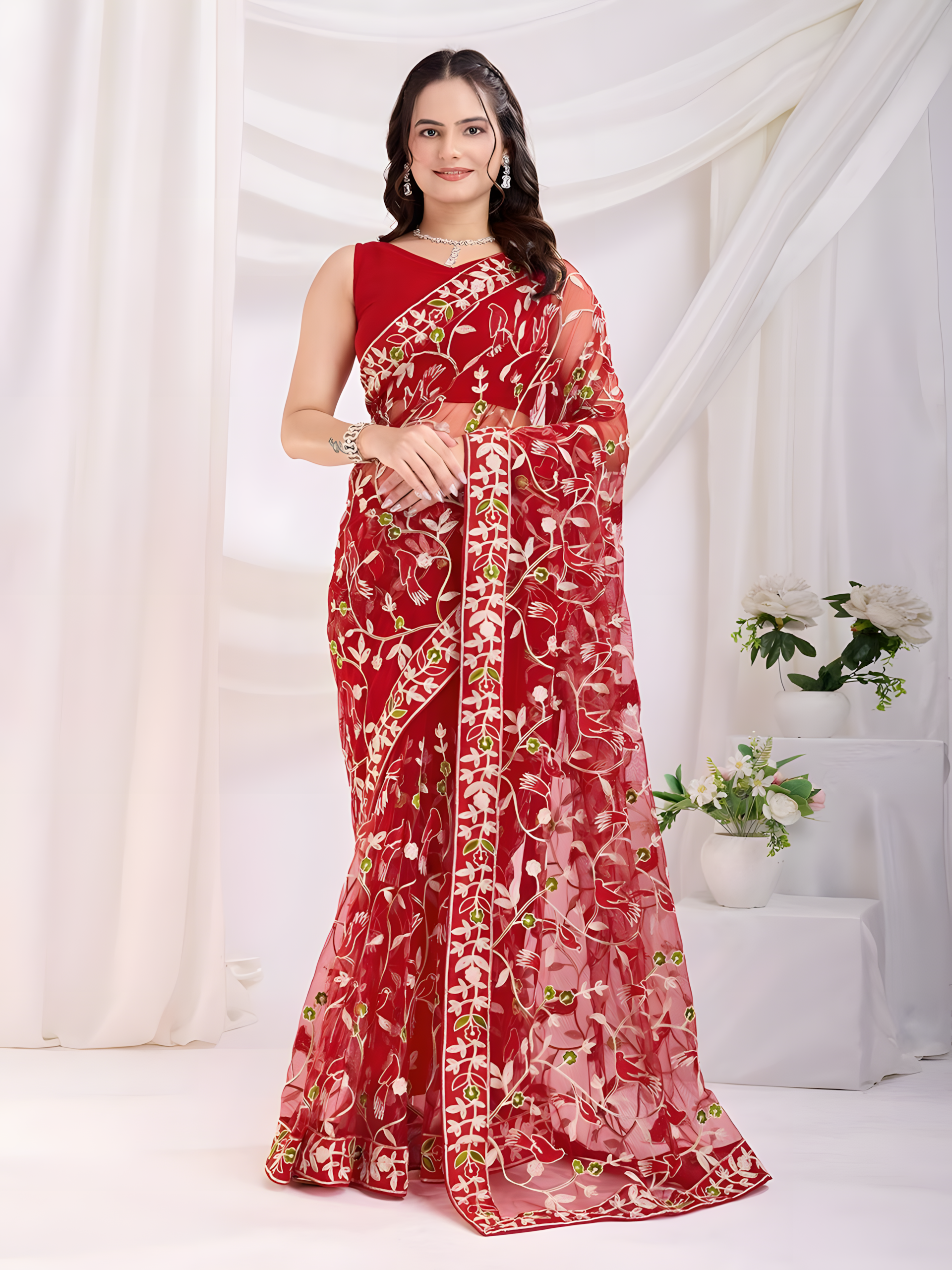 Red Soft Net Saree with C Pallu Embroidery with sequins Work