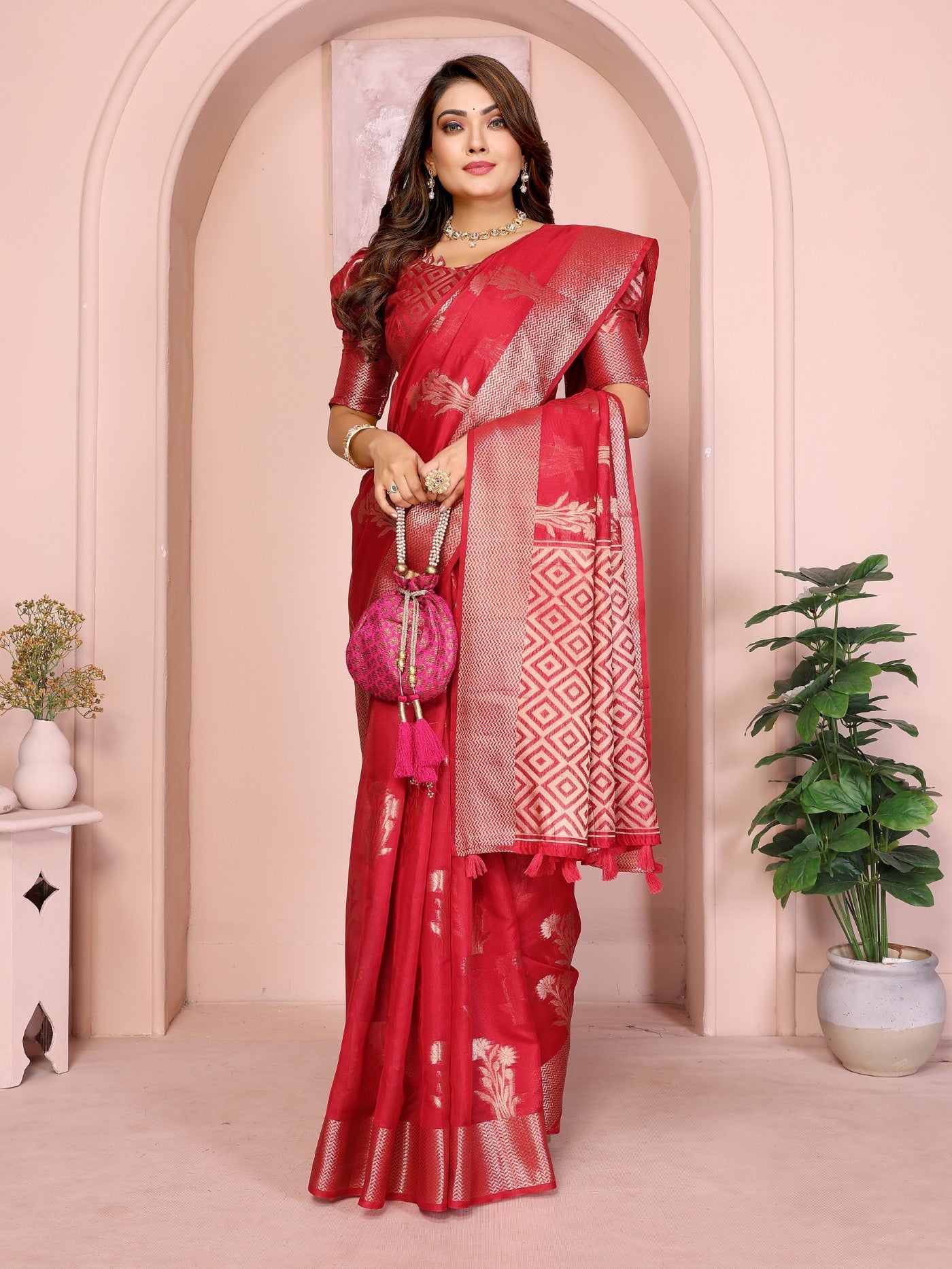 Red Soft Organza Silk Saree With Elegant Weaving
