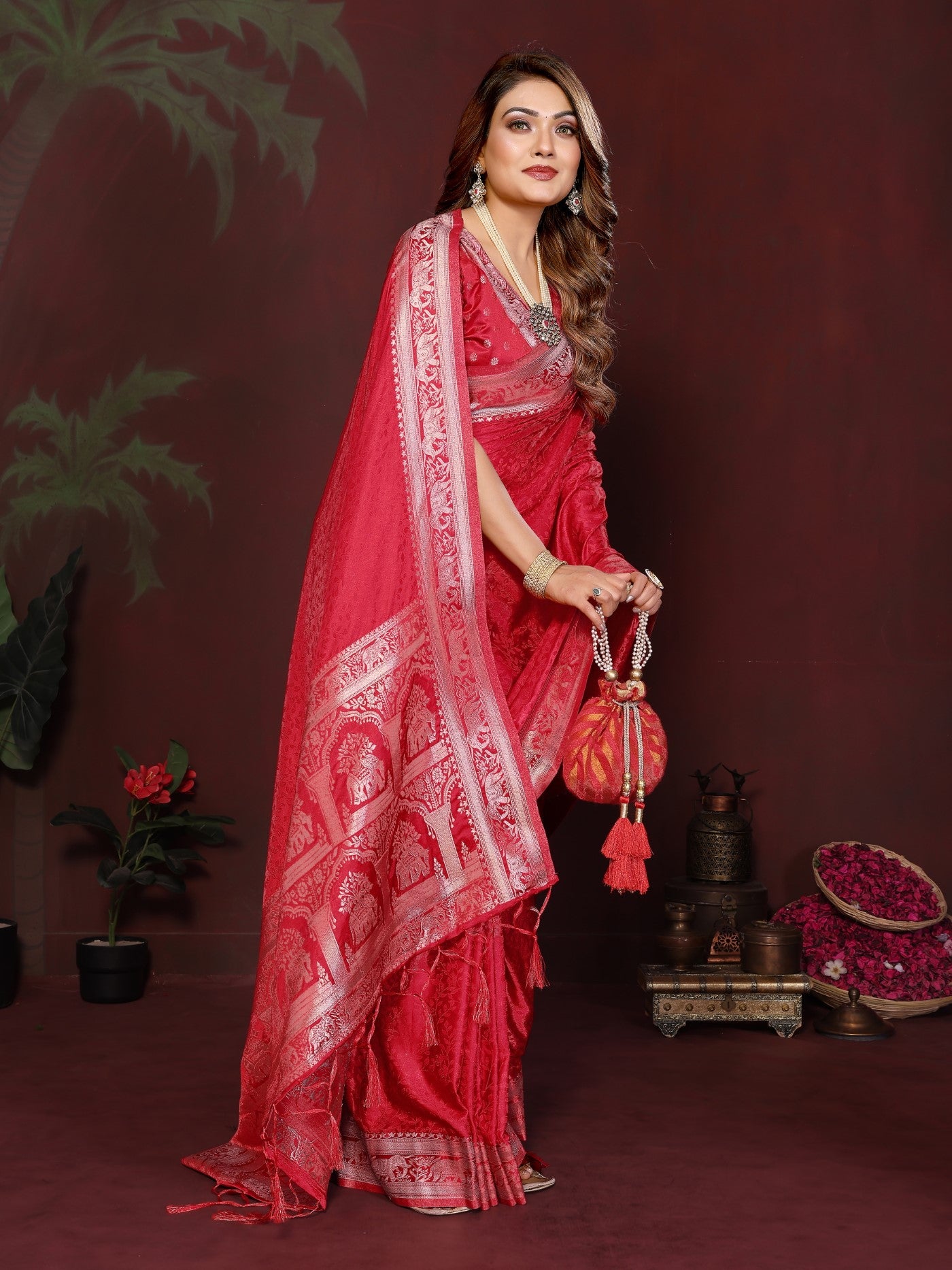 Red Soft Satin Silk Saree With Classic Zari Weaving