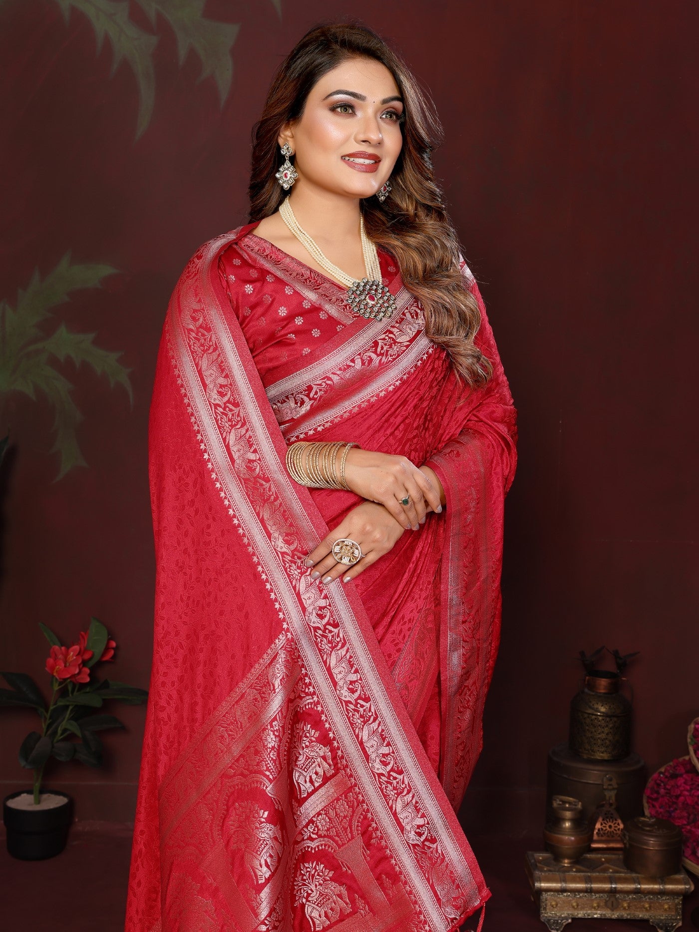 Red Soft Satin Silk Saree With Classic Zari Weaving