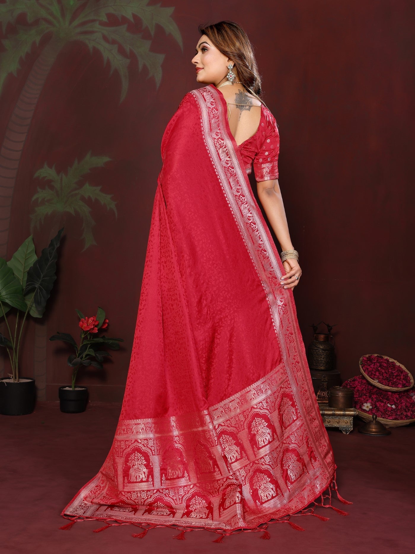 Red Soft Satin Silk Saree With Classic Zari Weaving