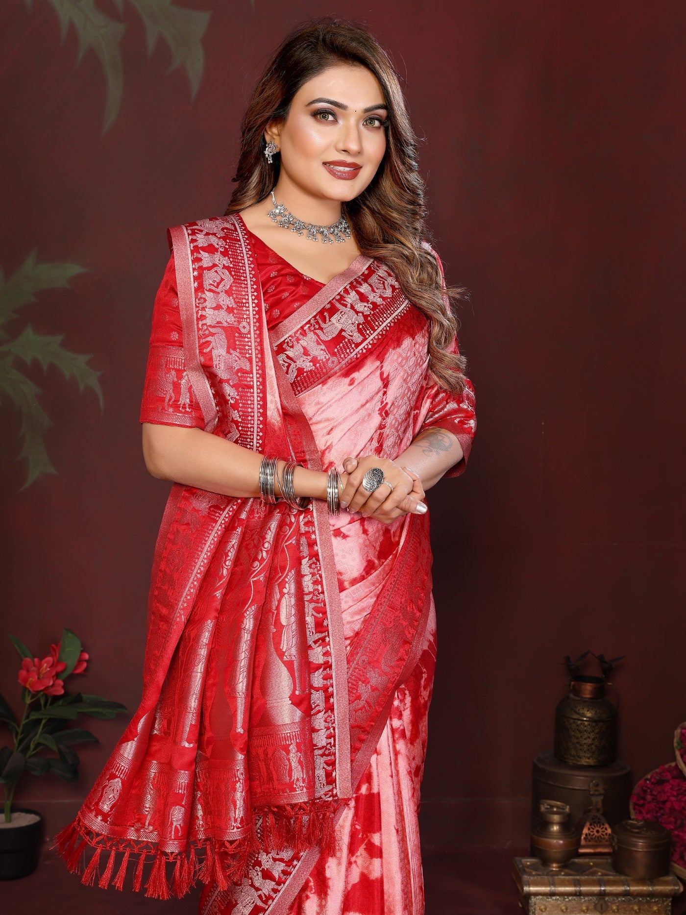 Red Soft Satin Silk Saree With Traditional Sibory Zari Weaving