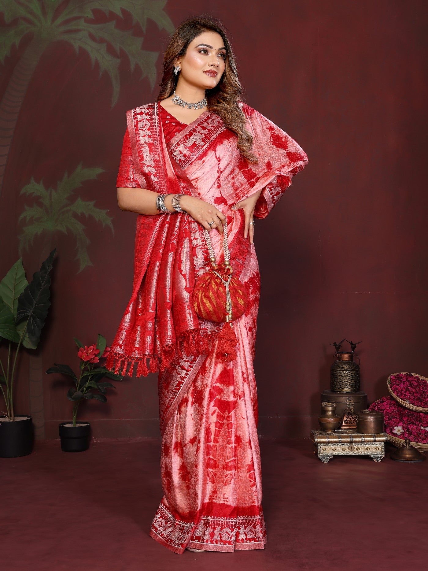 Red Soft Satin Silk Saree With Traditional Sibory Zari Weaving