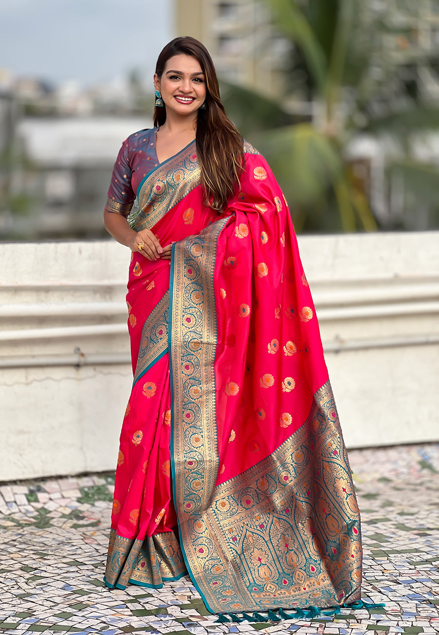 Red Soft Silk Woven Meenakari Designer Trending Partywear Saree