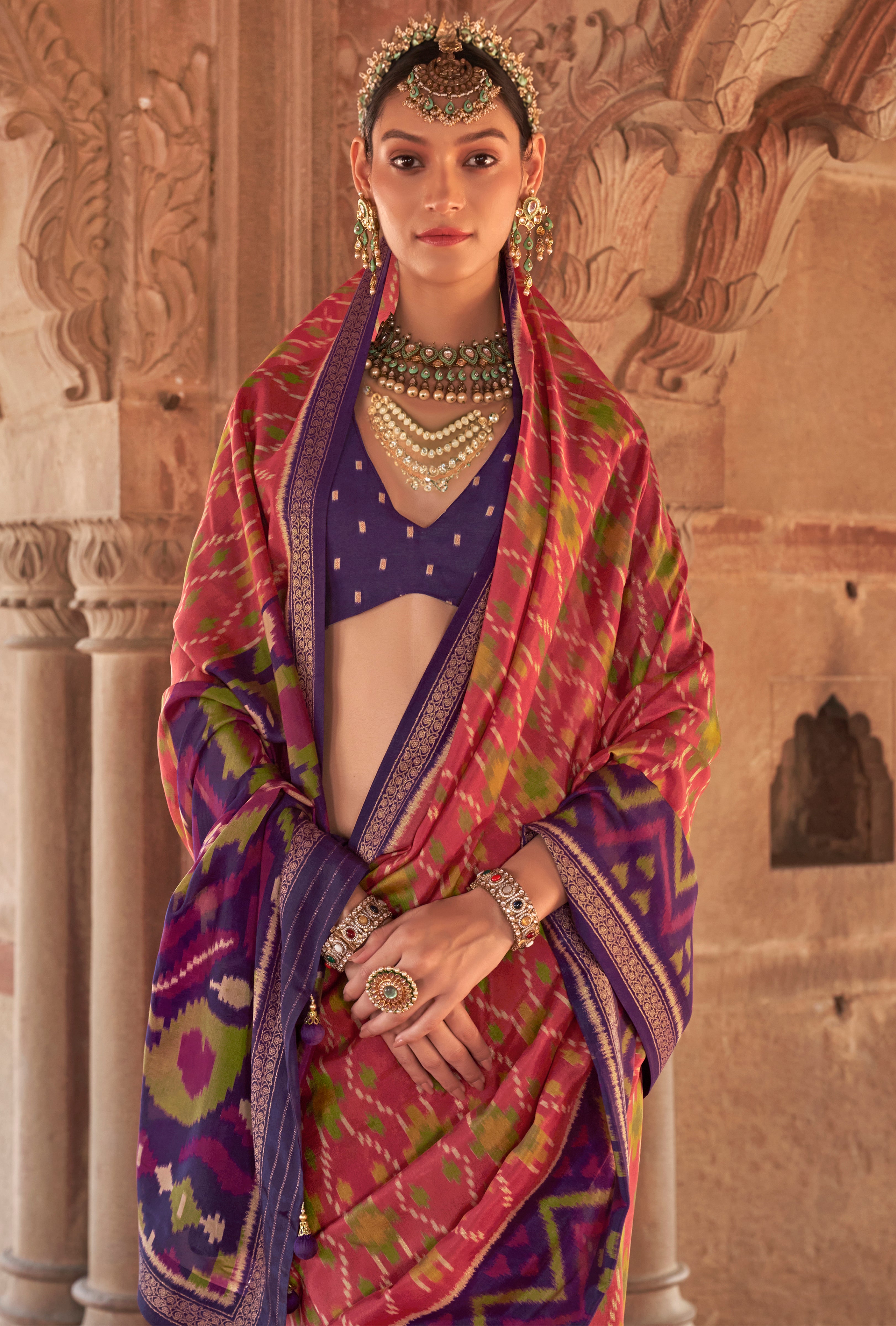 Red Super Georgette Saree With Patola Print