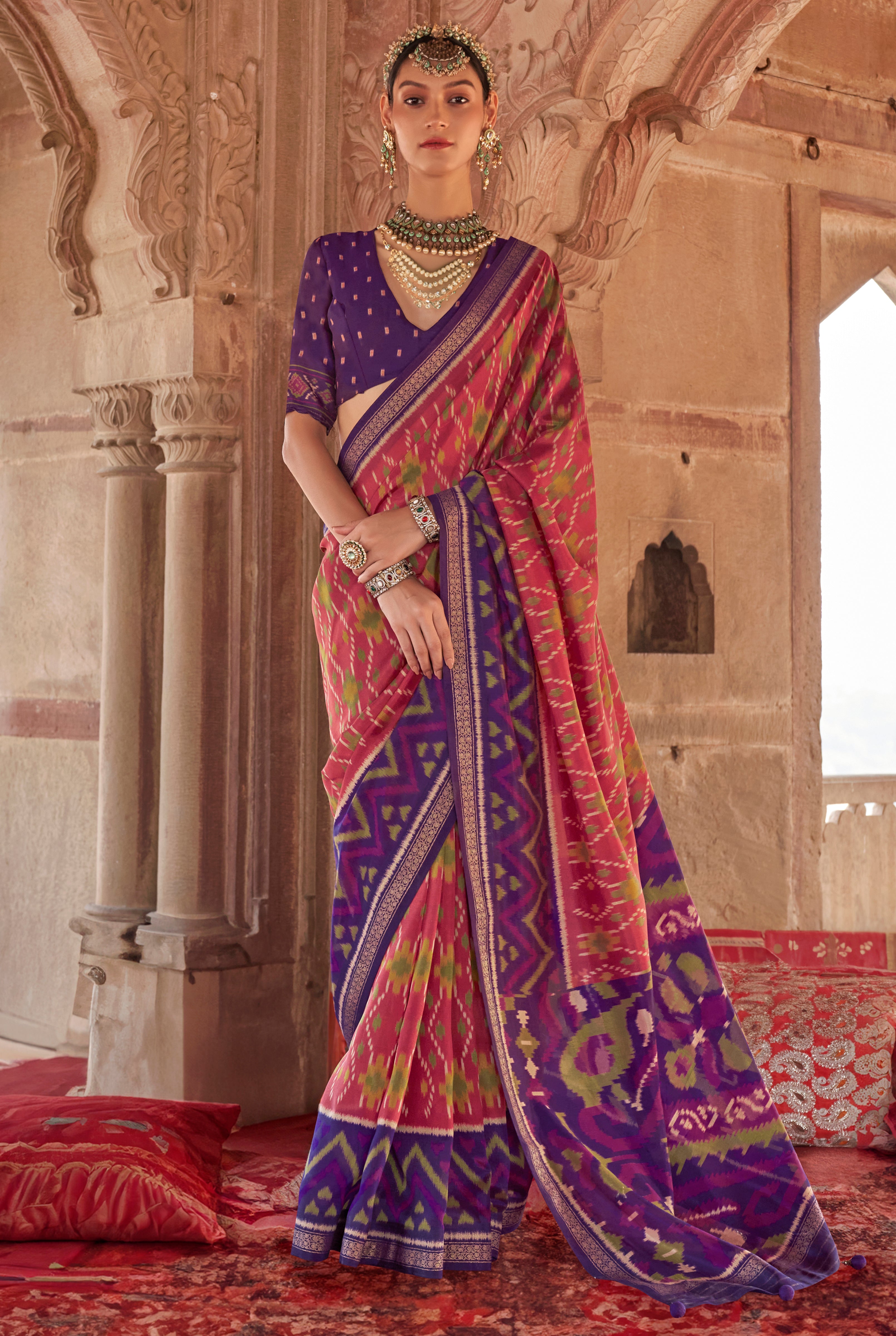 Red Super Georgette Saree With Patola Print