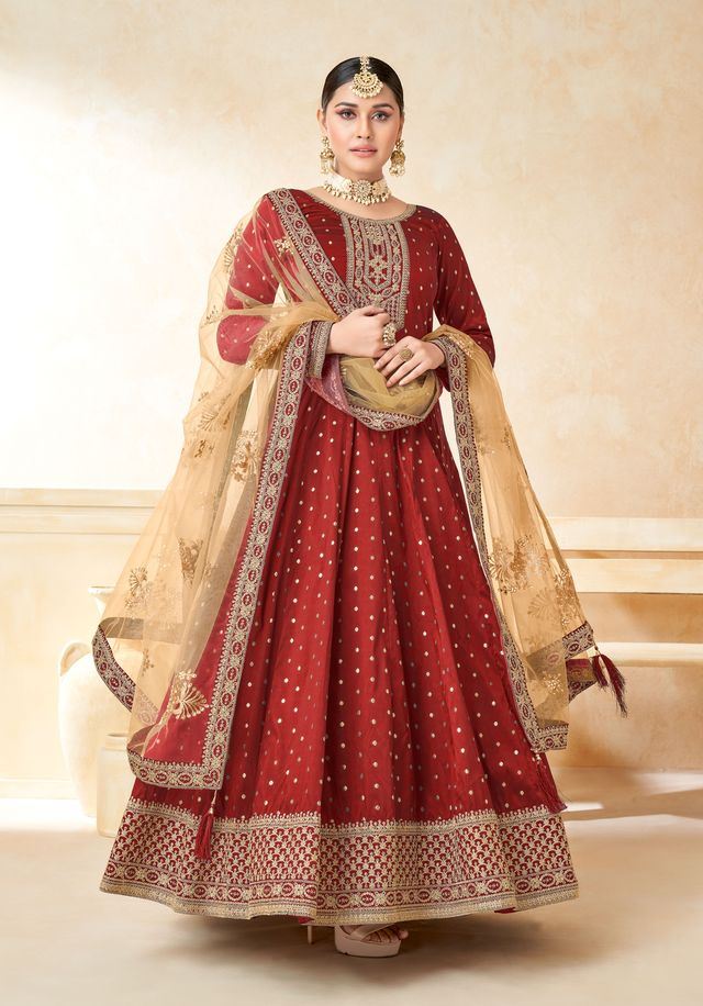 Red Taffeta Butti Heavy Thread Embroidery, Zari With Sequins Work Anarkali Suits
