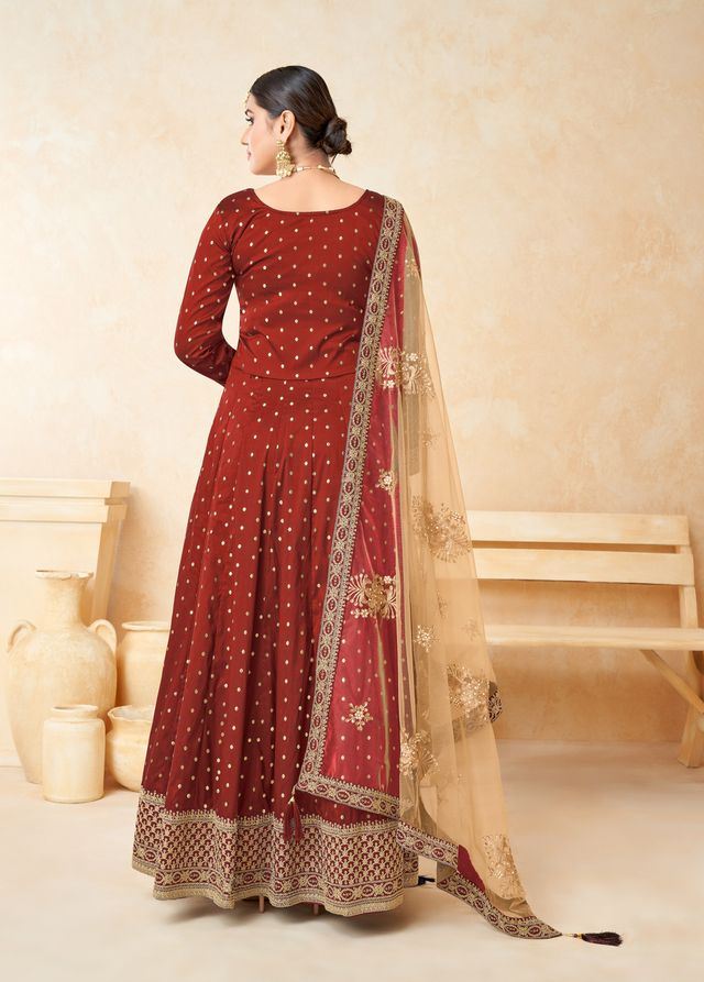 Red Taffeta Butti Heavy Thread Embroidery, Zari With Sequins Work Anarkali Suits