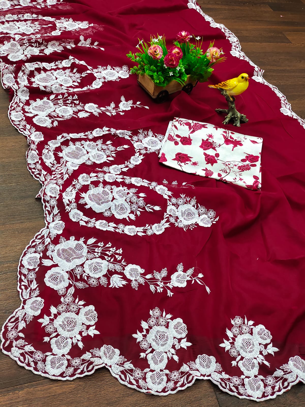 Red Thai Organza Silk Fancy Thread Embroidery With Cut Dana Work Saree