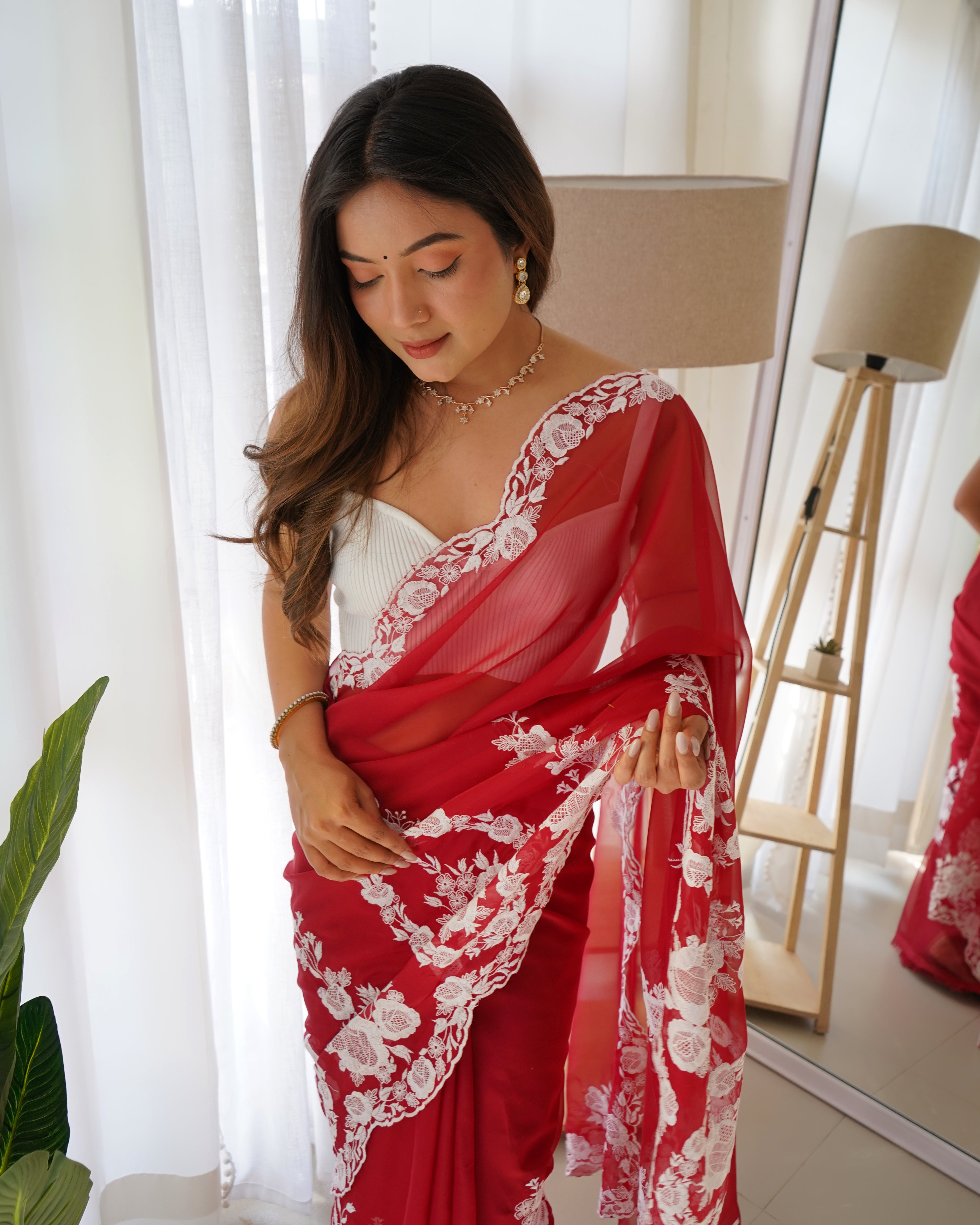 Red Thai Organza Silk Fancy Thread Embroidery With Cut Dana Work Saree