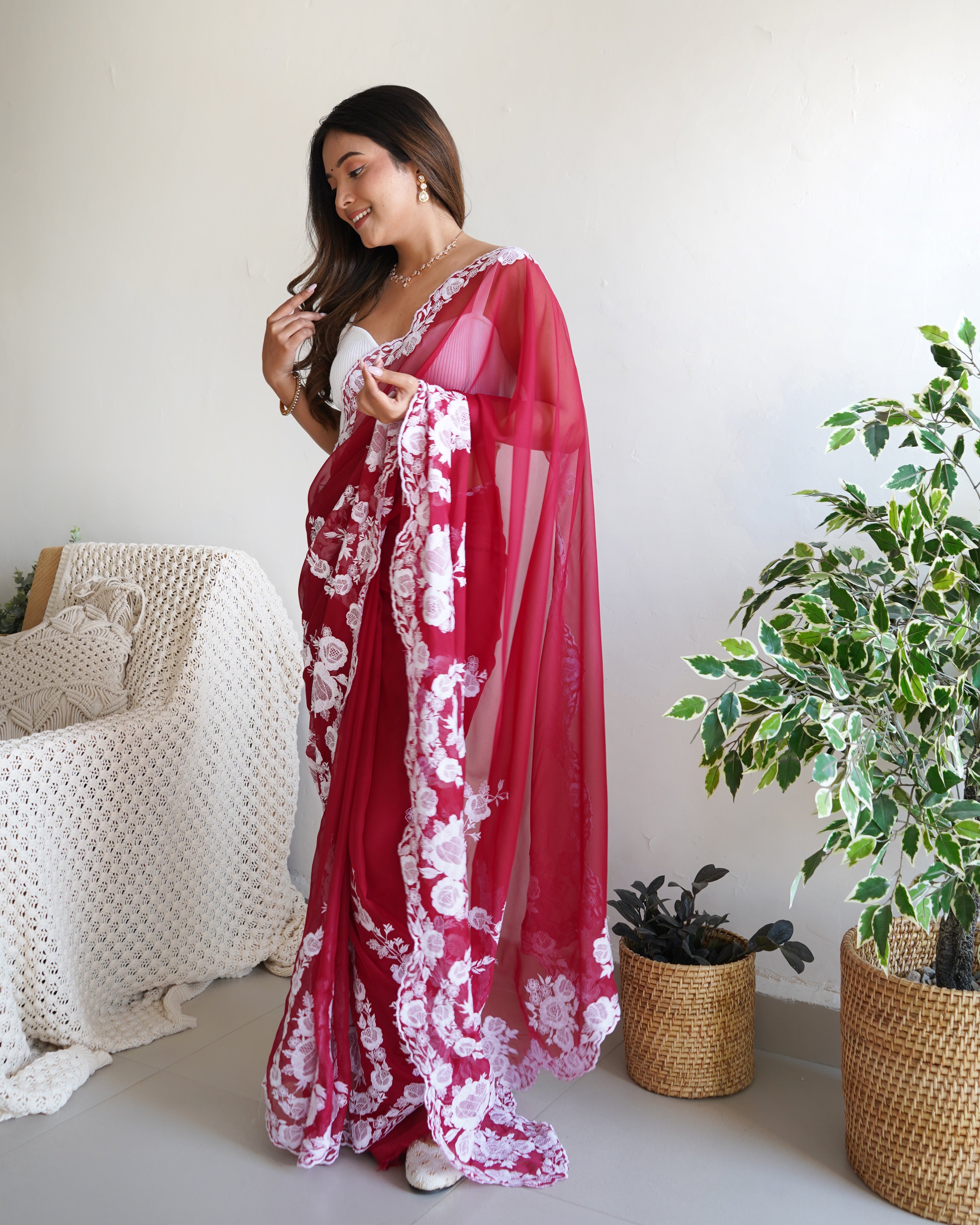 Red Thai Organza Silk Fancy Thread Embroidery With Cut Dana Work Saree