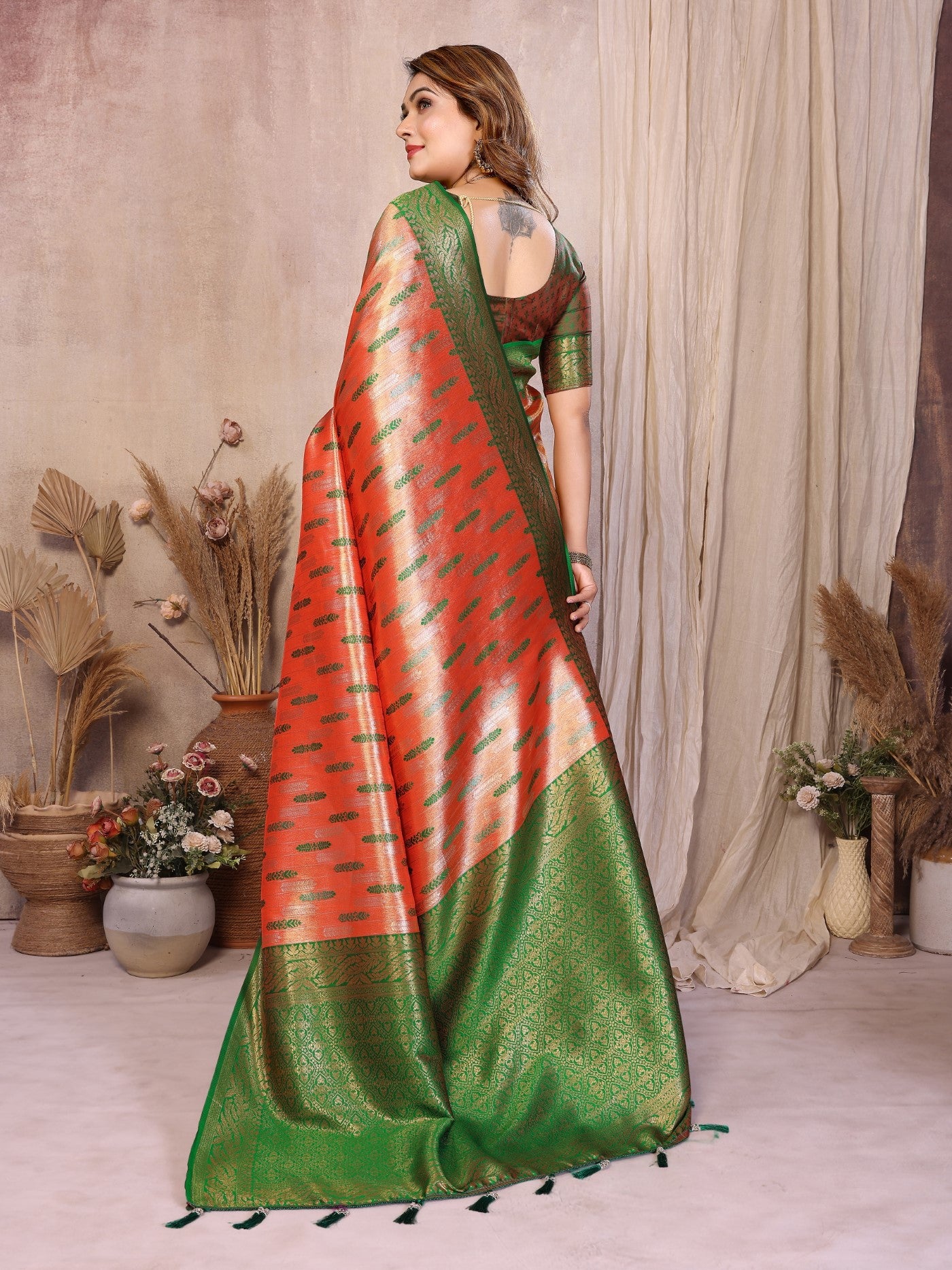 Red Tissue Silk Saree With Paithani Woven