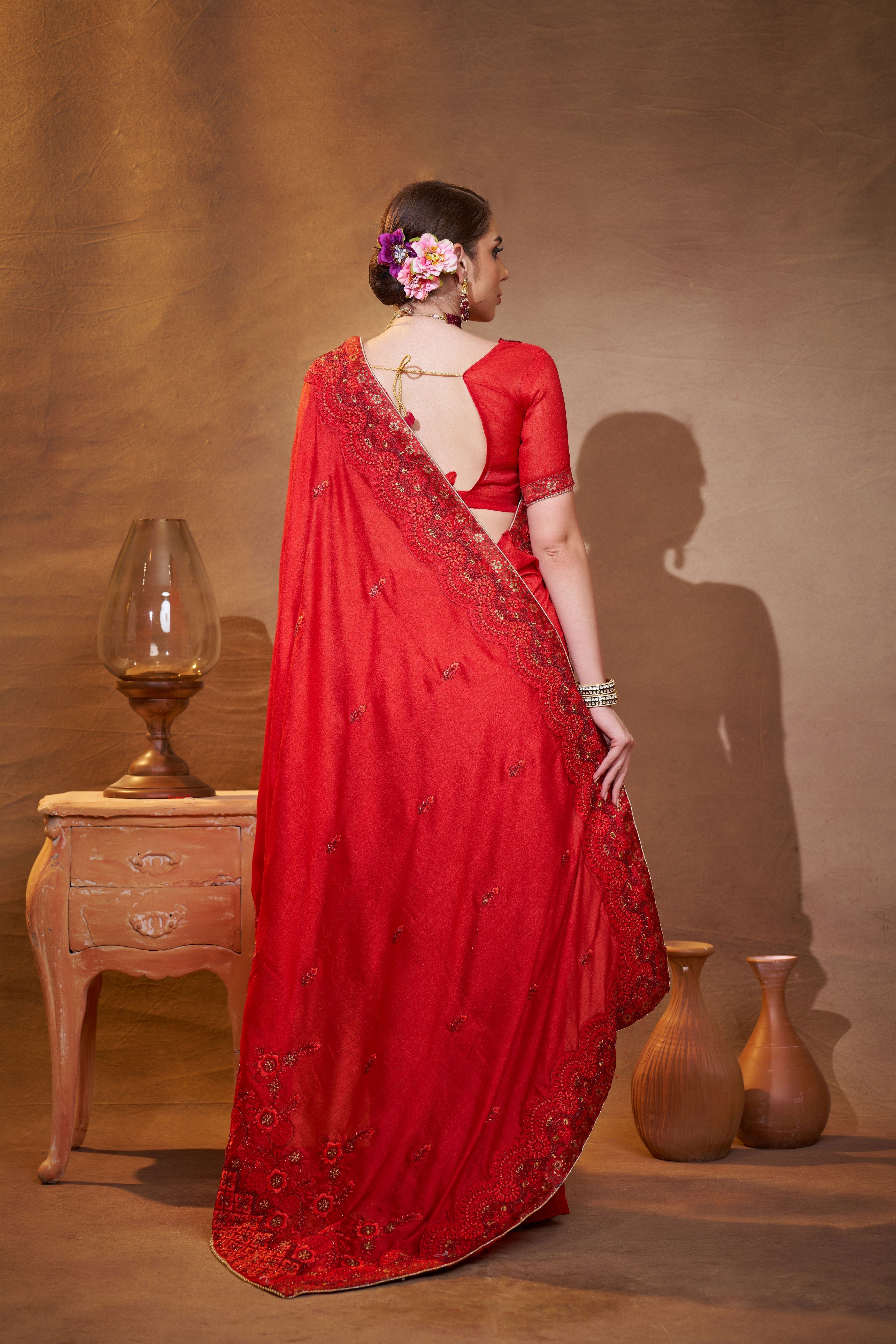 Red Vichitra Silk Designer Embroidery Work Partywear Saree