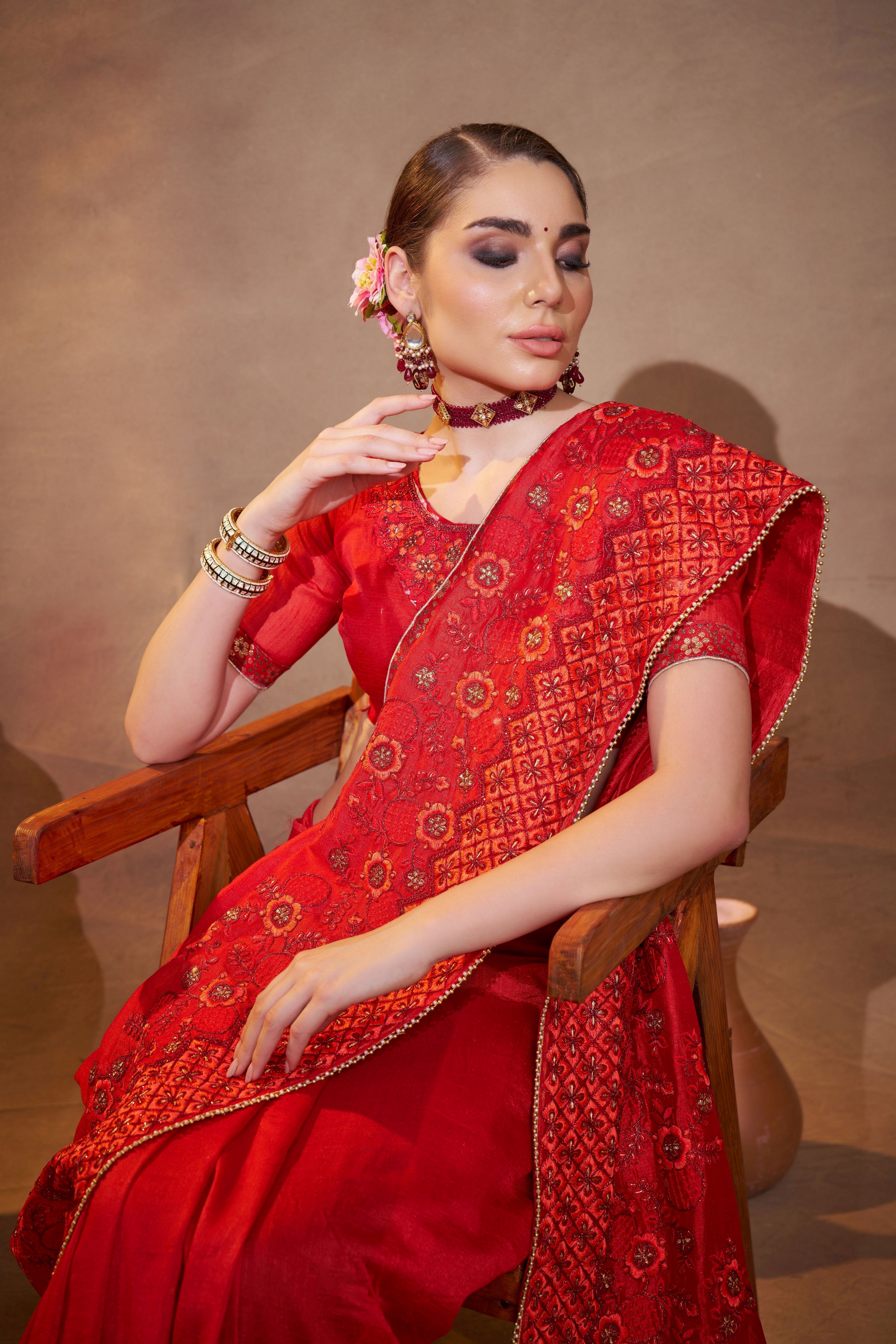 Red Vichitra Silk Designer Embroidery Work Partywear Saree