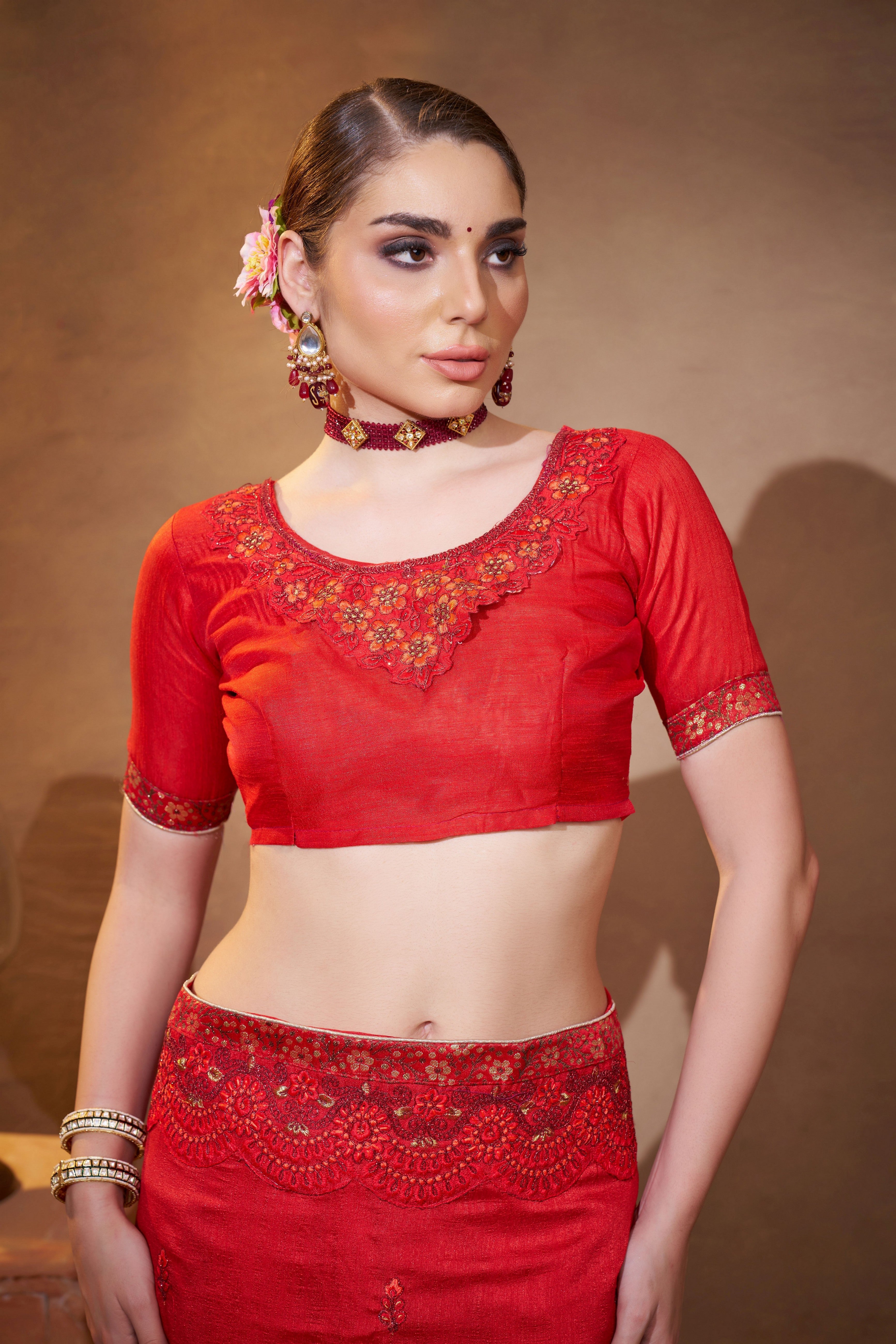 Red Vichitra Silk Designer Embroidery Work Partywear Saree