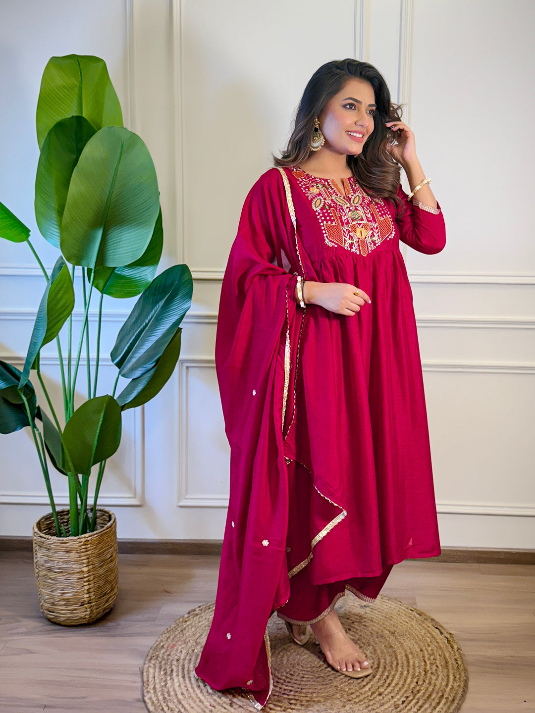 Red Vichitra Silk Elegant Kurta Pant Set With Embroidery Work