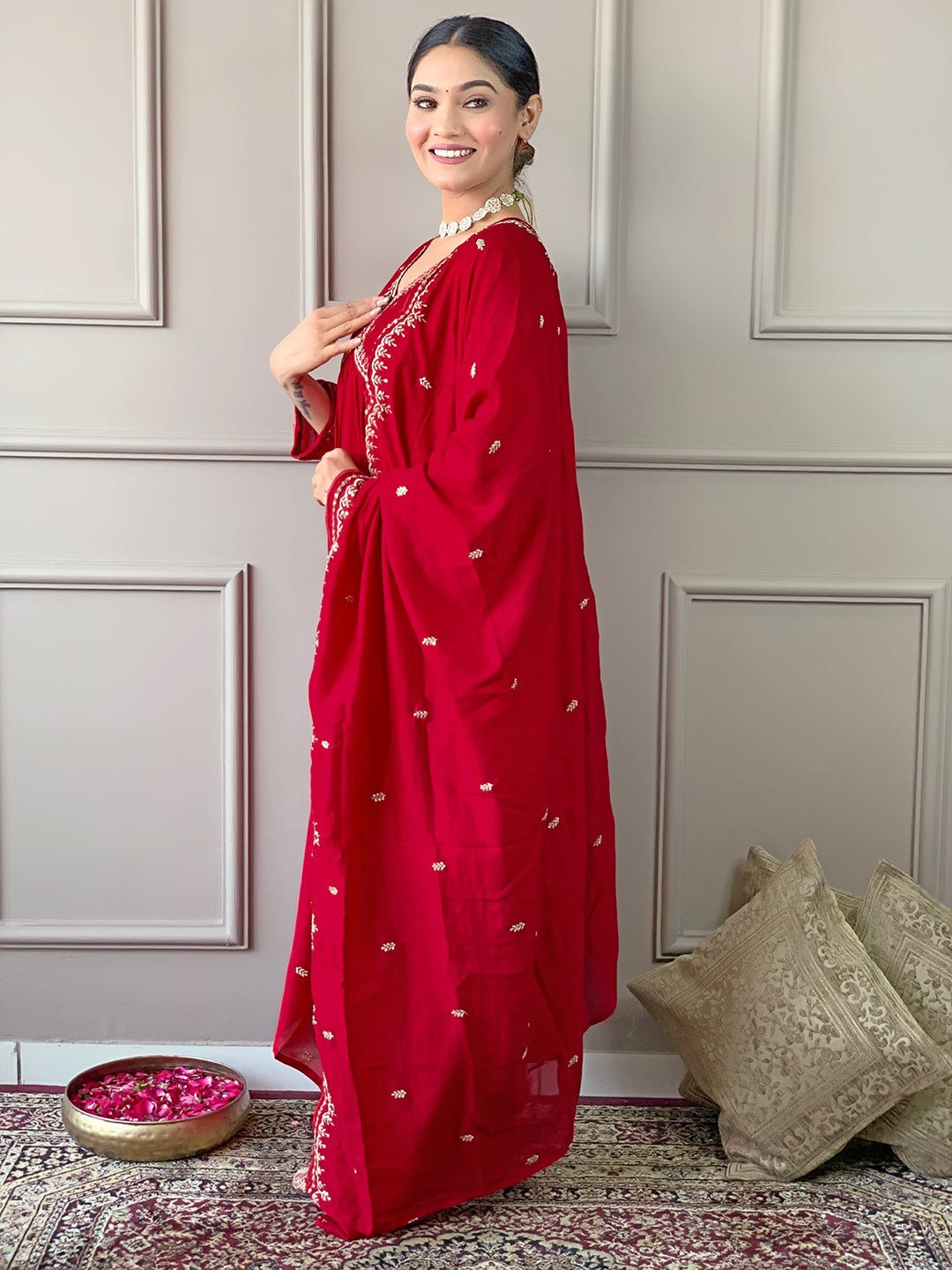 Red Vichitra Silk Elegant Kurta Pant Set With Embroidery Work