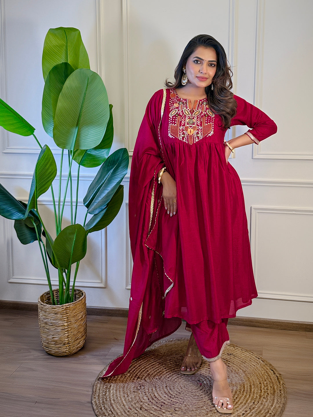 Red Vichitra Silk Elegant Kurta Pant Set With Embroidery Work