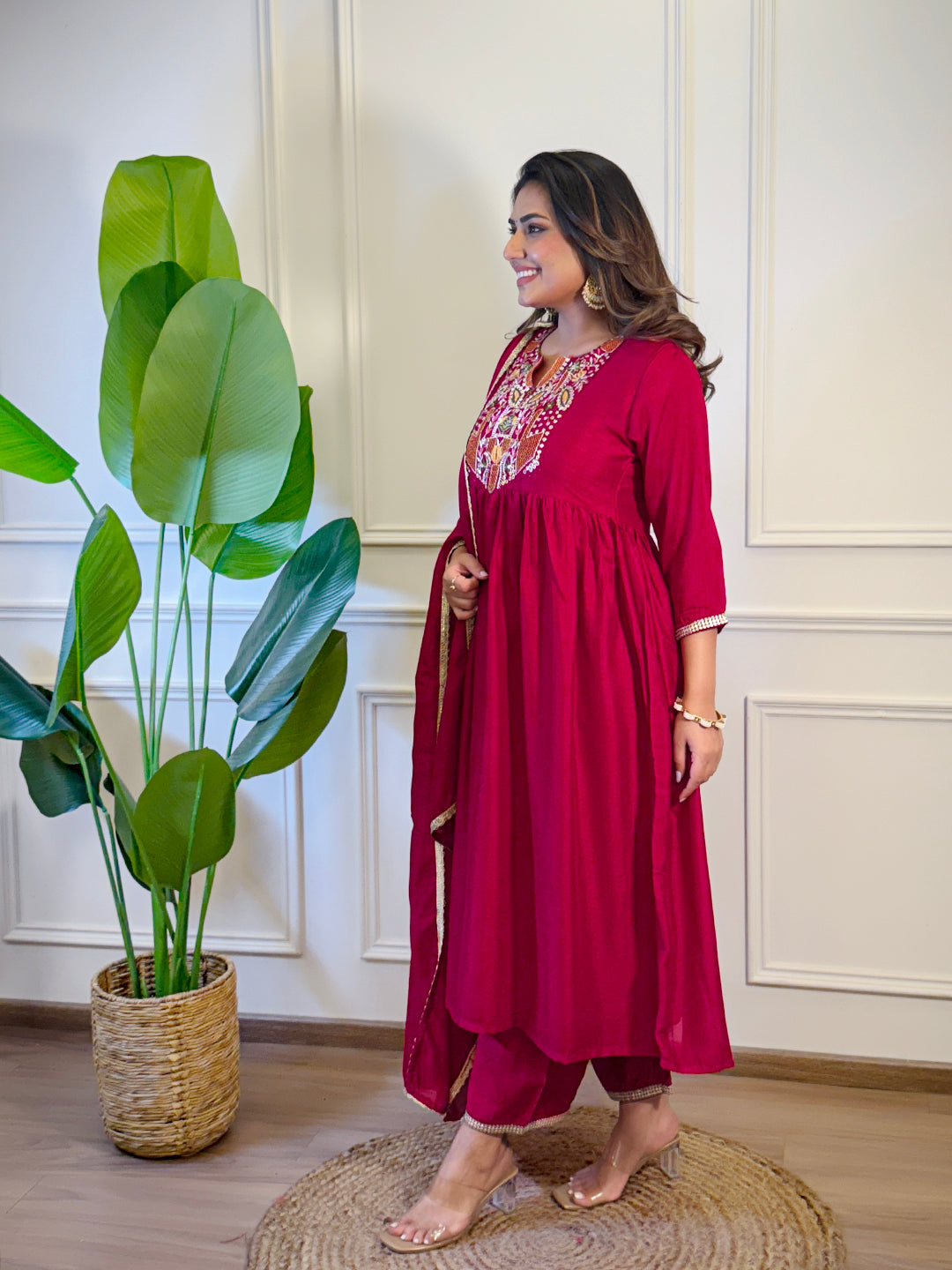Red Vichitra Silk Elegant Kurta Pant Set With Embroidery Work