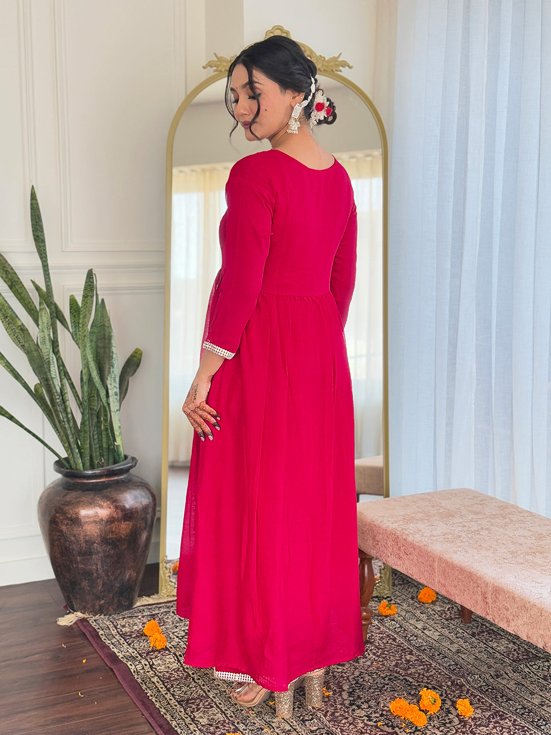 Red Vichitra Silk Elegant Kurta Pant Set With Thread Work