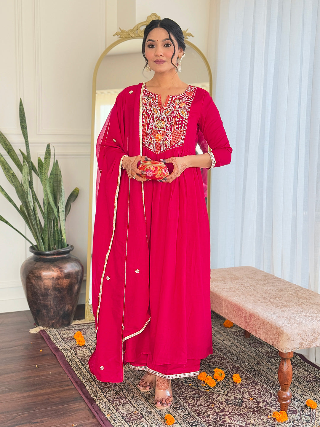 Red Vichitra Silk Elegant Kurta Pant Set With Thread Work